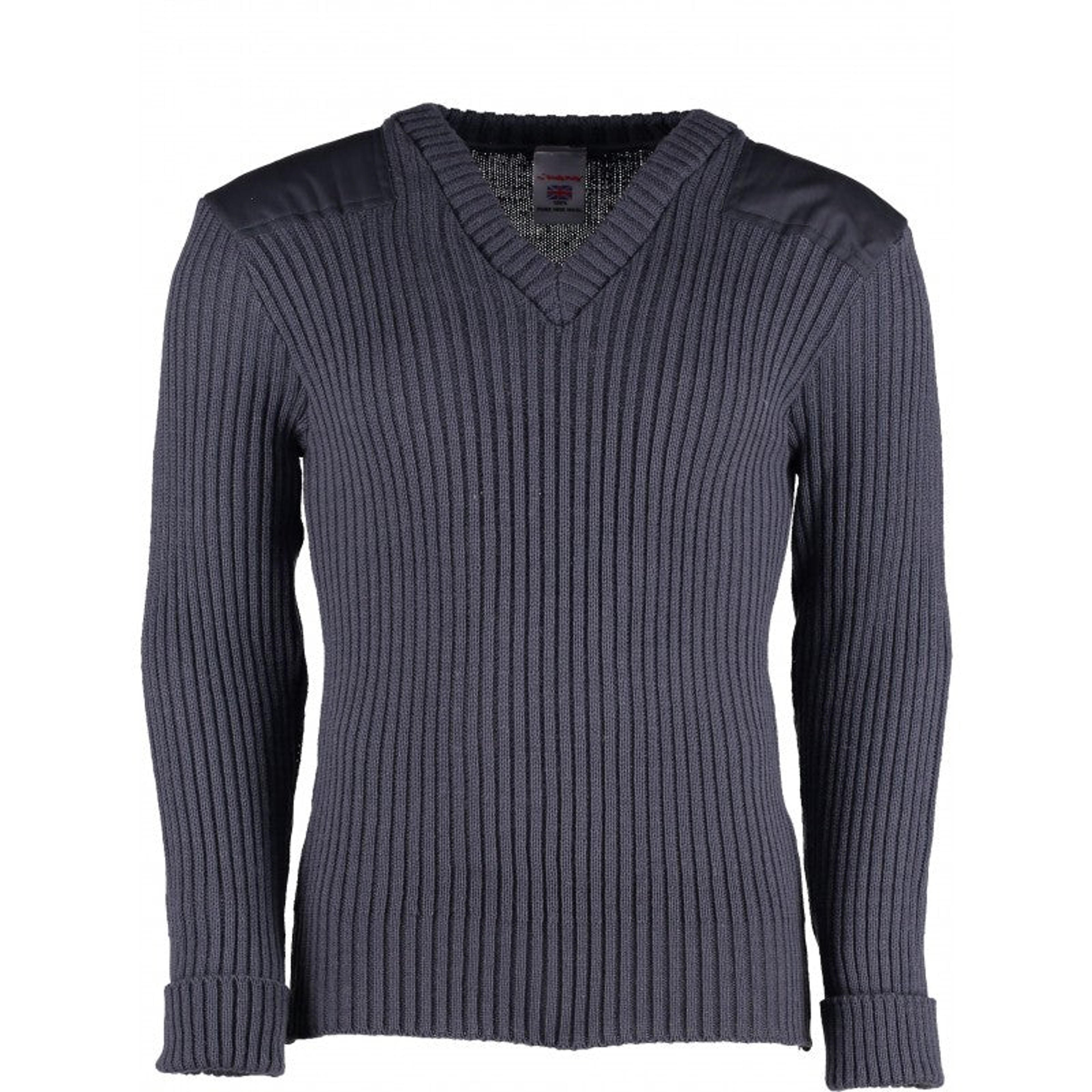 TW Kempton York Woolly Pully Vee Neck Sweater with Patches - Blue Grey / XL / 48-50 inch