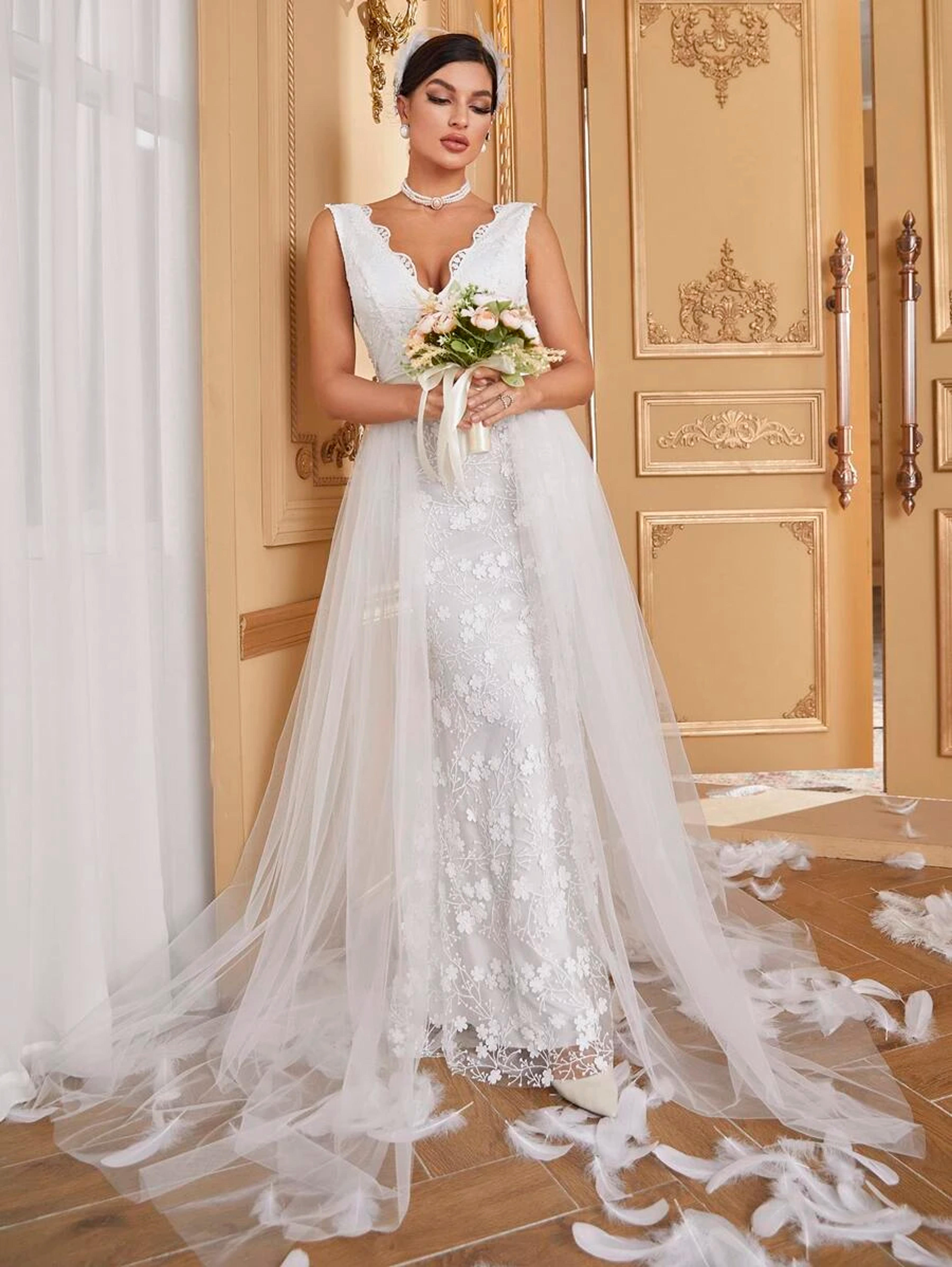 Contrast Mesh Lace Trim Floor Length Wedding Dress | SHEIN USA