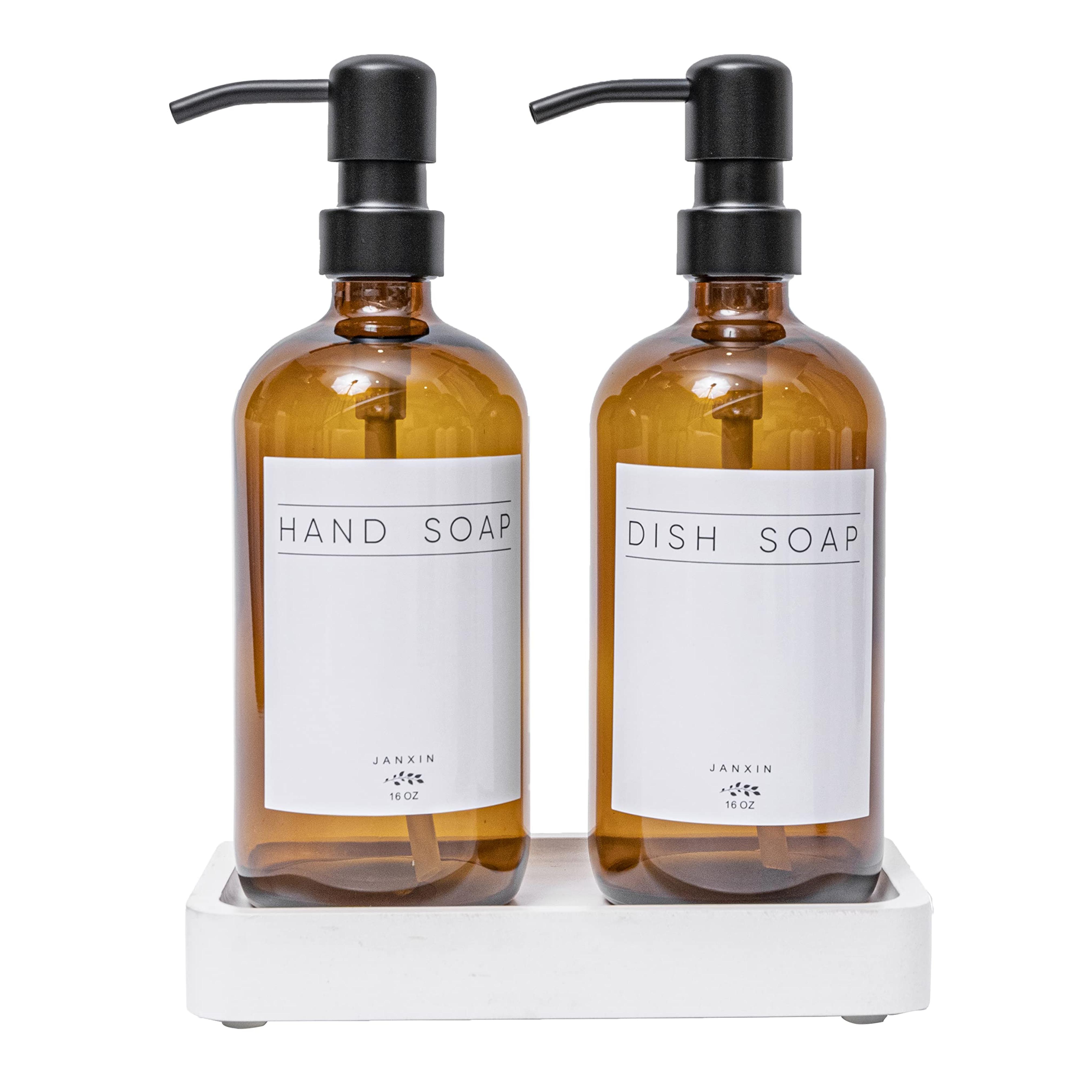 Janxin Glass Soap Dispenser for Kitchen with Stainless Steel Pump and Wood Tray, Modern Bathroom Soap Dispenser with Waterproof Labels for Hand Soap, Dish Soap, Lotion (Amber Bottles+Black Pumps)