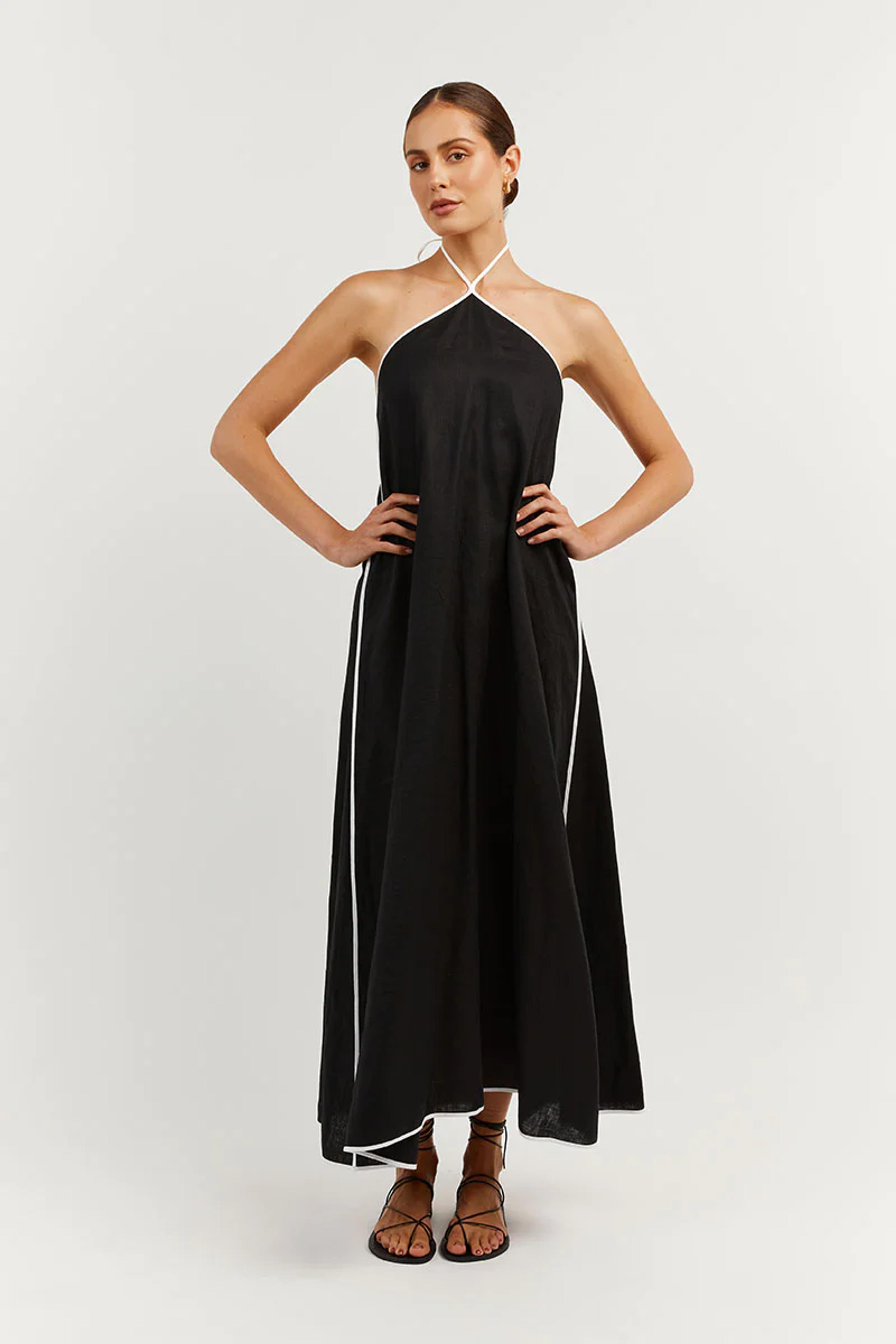 AIDEN BLACK LINEN HALTER DRESS - 2 / BLACK