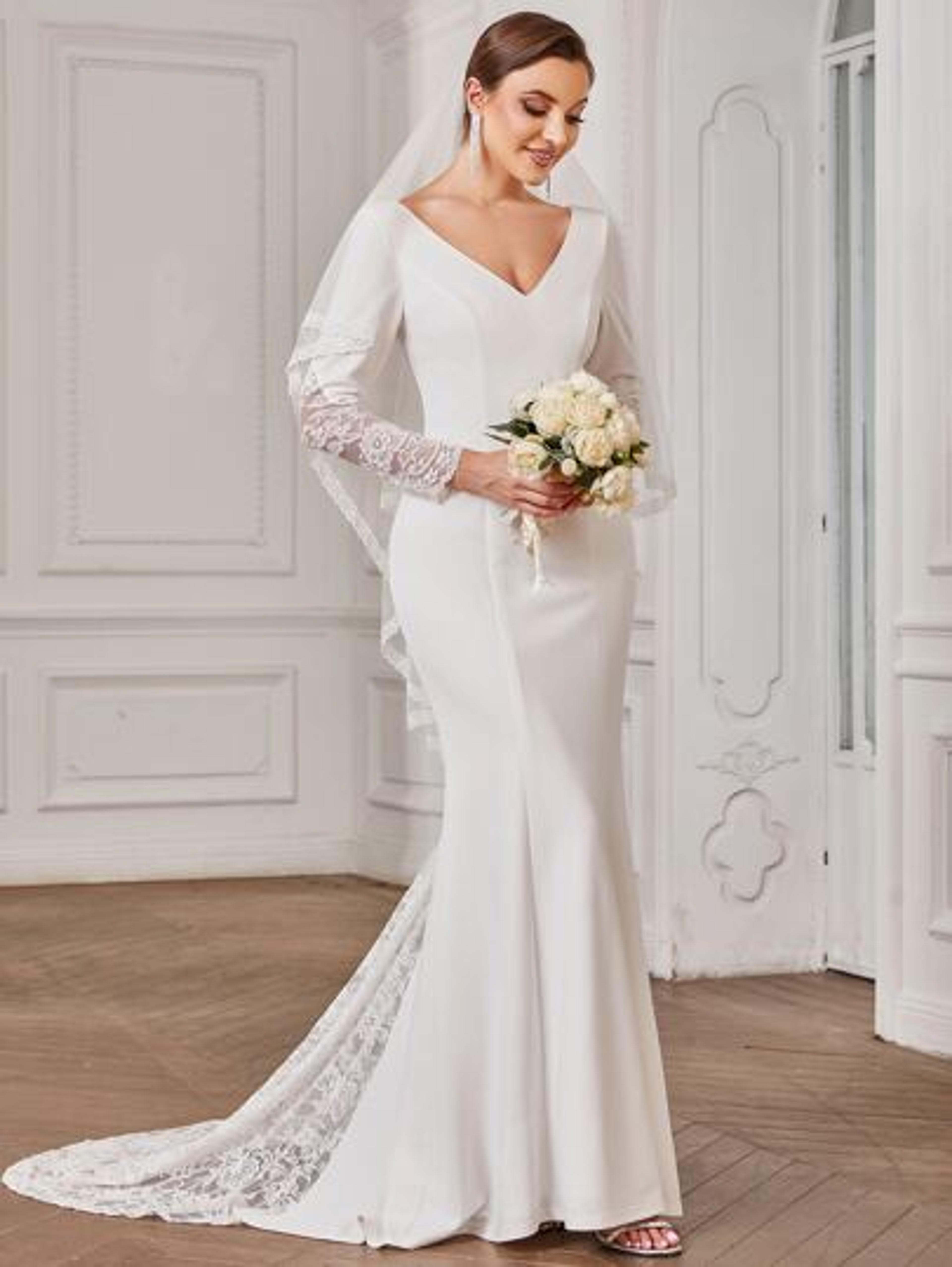 EVER-PRETTY Contrast Lace V-neck Mermaid Hem Wedding Dress Without Veil | SHEIN USA