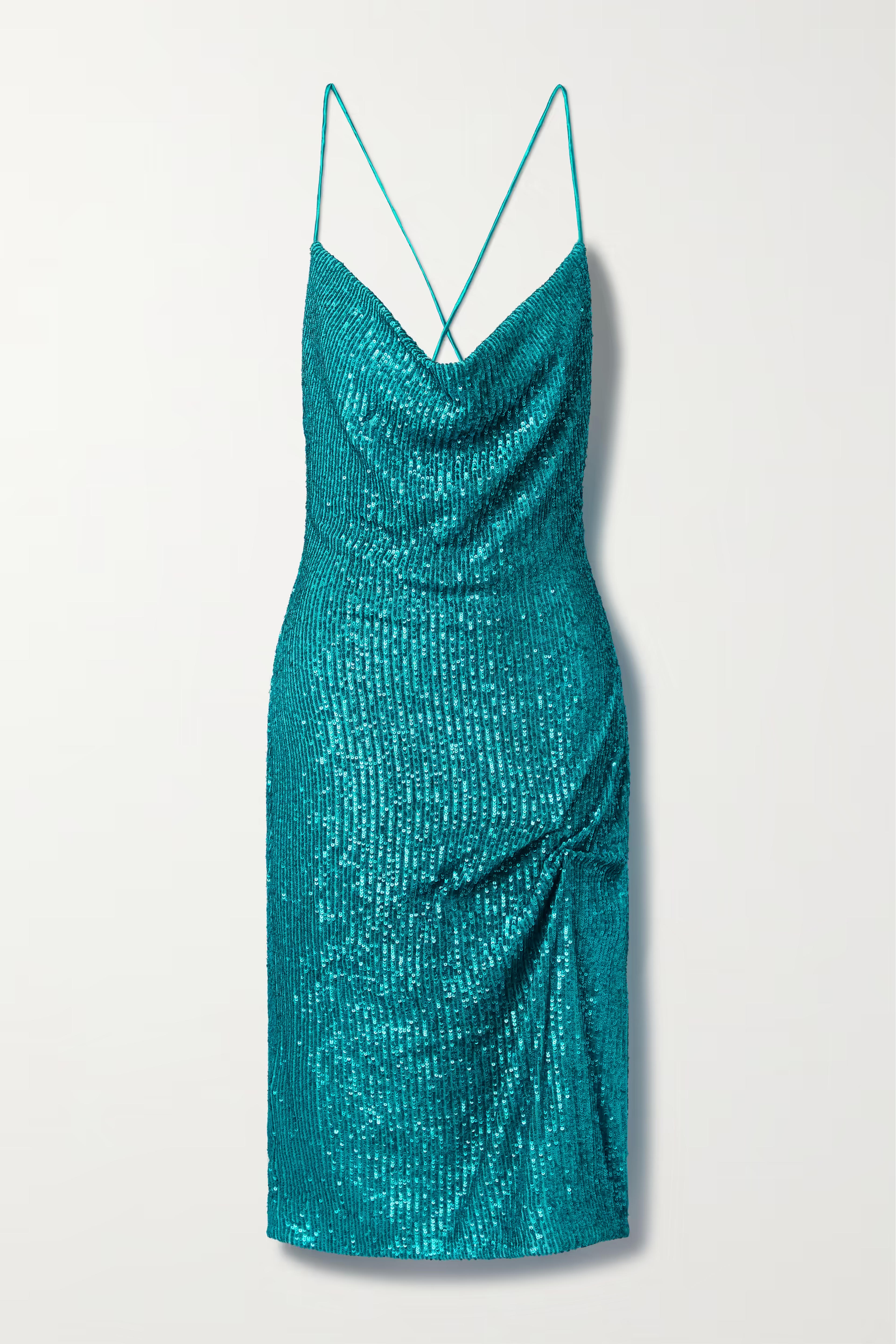 Turquoise Missing Hours gathered sequined knitted midi dress | REBECCA VALLANCE | NET-A-PORTER