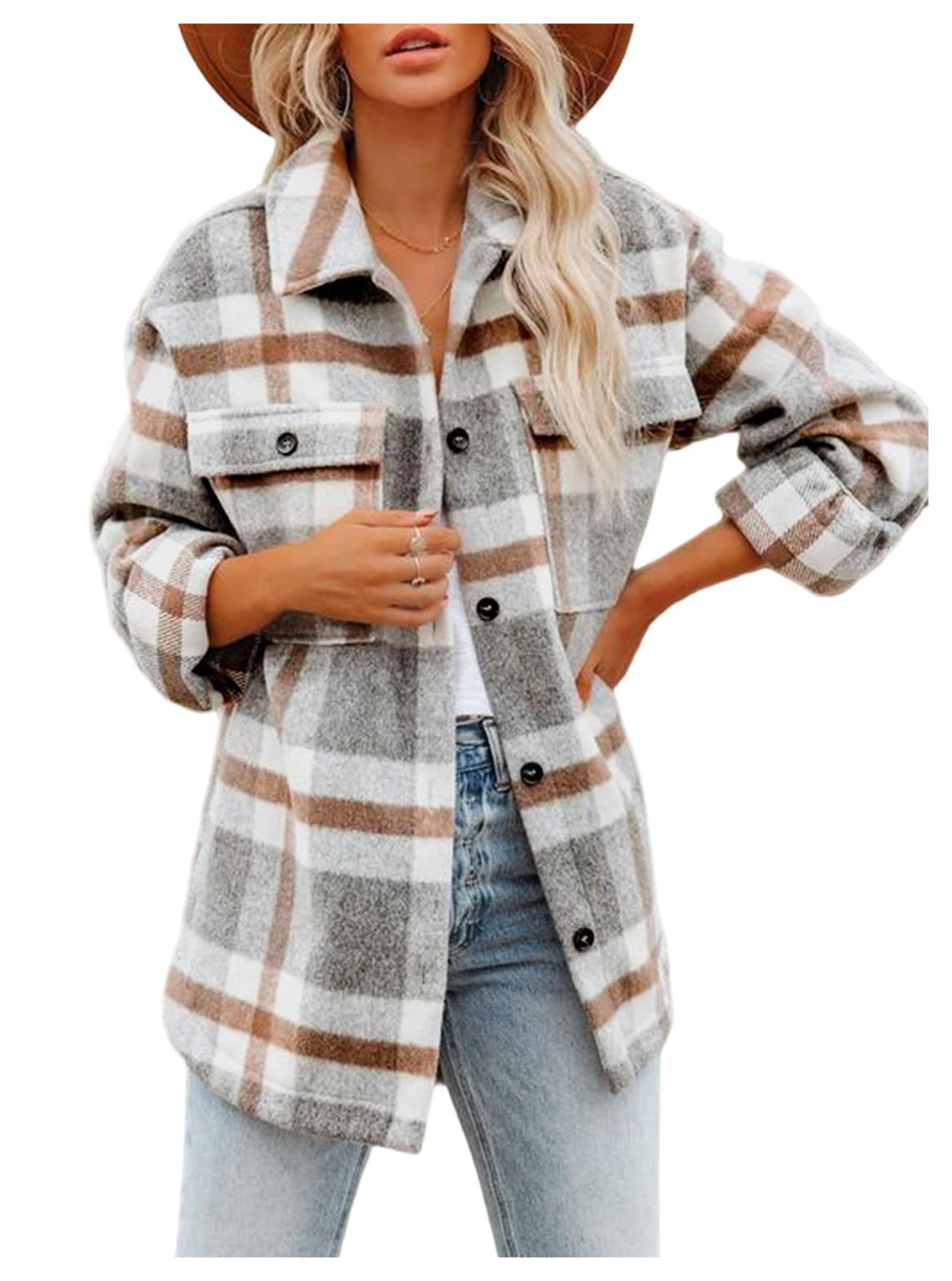 Beaully Women's Flannel Plaid Shacket Long Sleeve Button Down Shirts Jacket Coats with Side Pockets