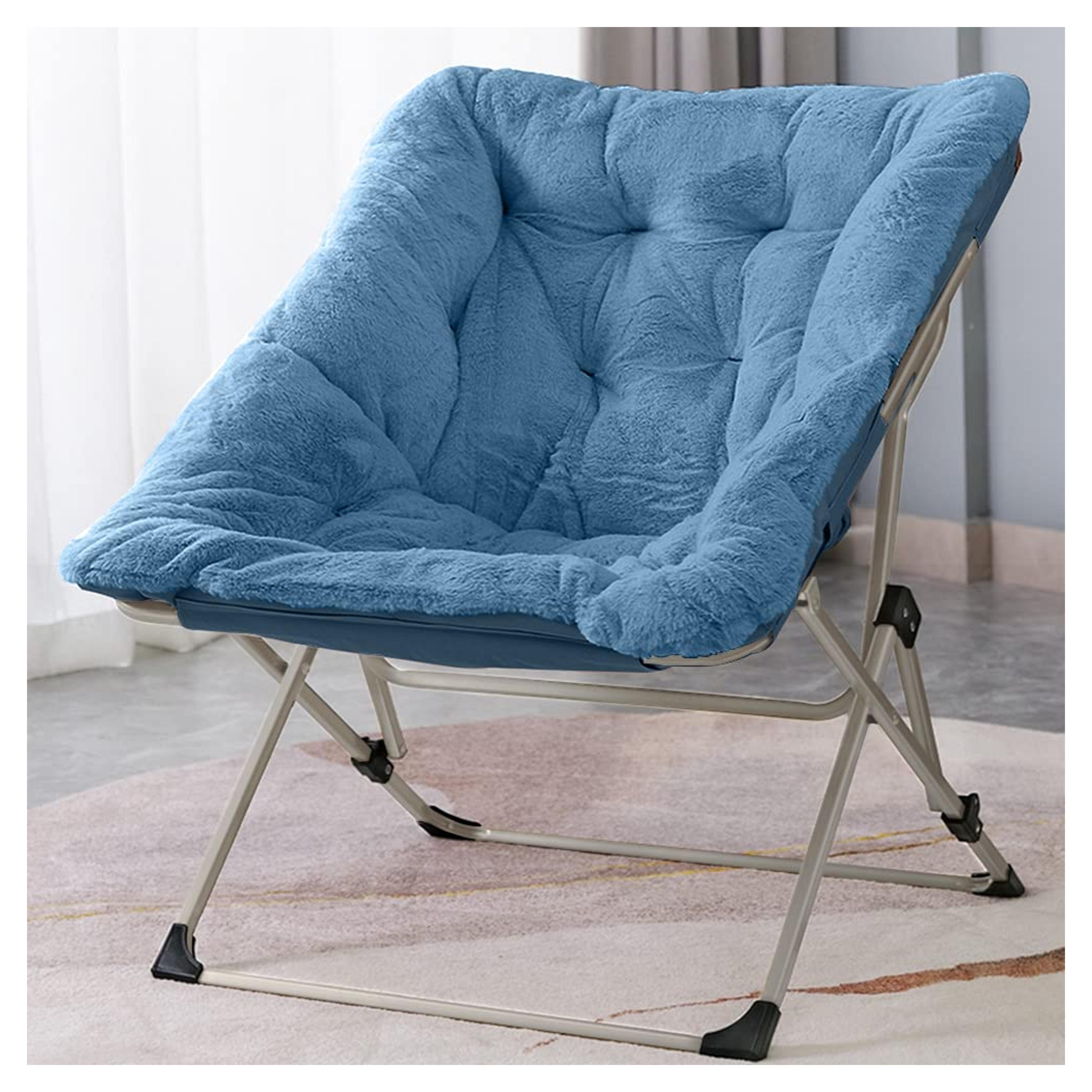 OAKHAM Comfy Saucer Chair, Folding Faux Fur Lounge Chair for Bedroom and Living Room, Flexible Seating Chair for Kids Teens Adults, X-Large (Faux Fur-Blue)