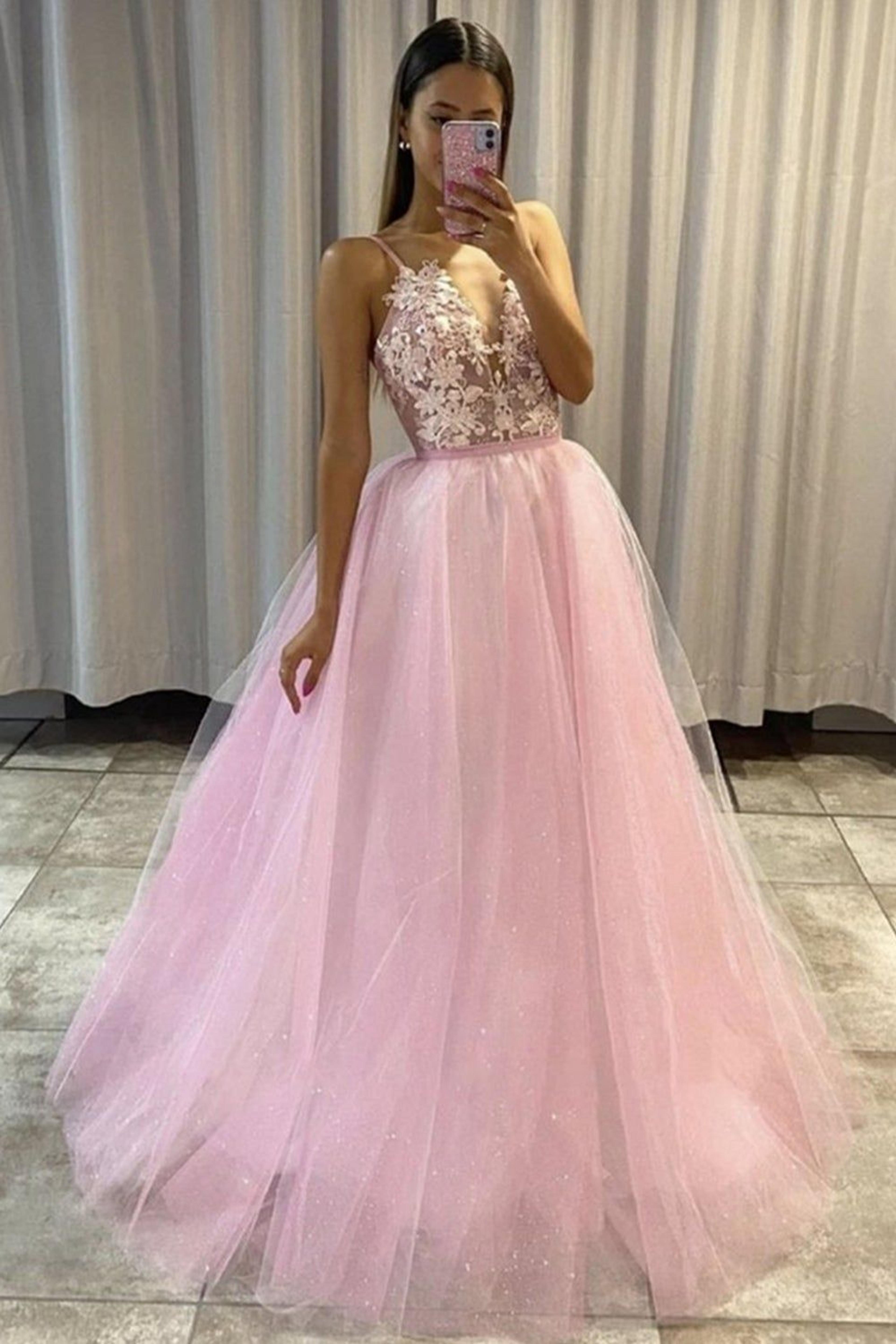 Shiny V Neck Pink Lace Floral Long Prom Dresses - Picture Color / US16