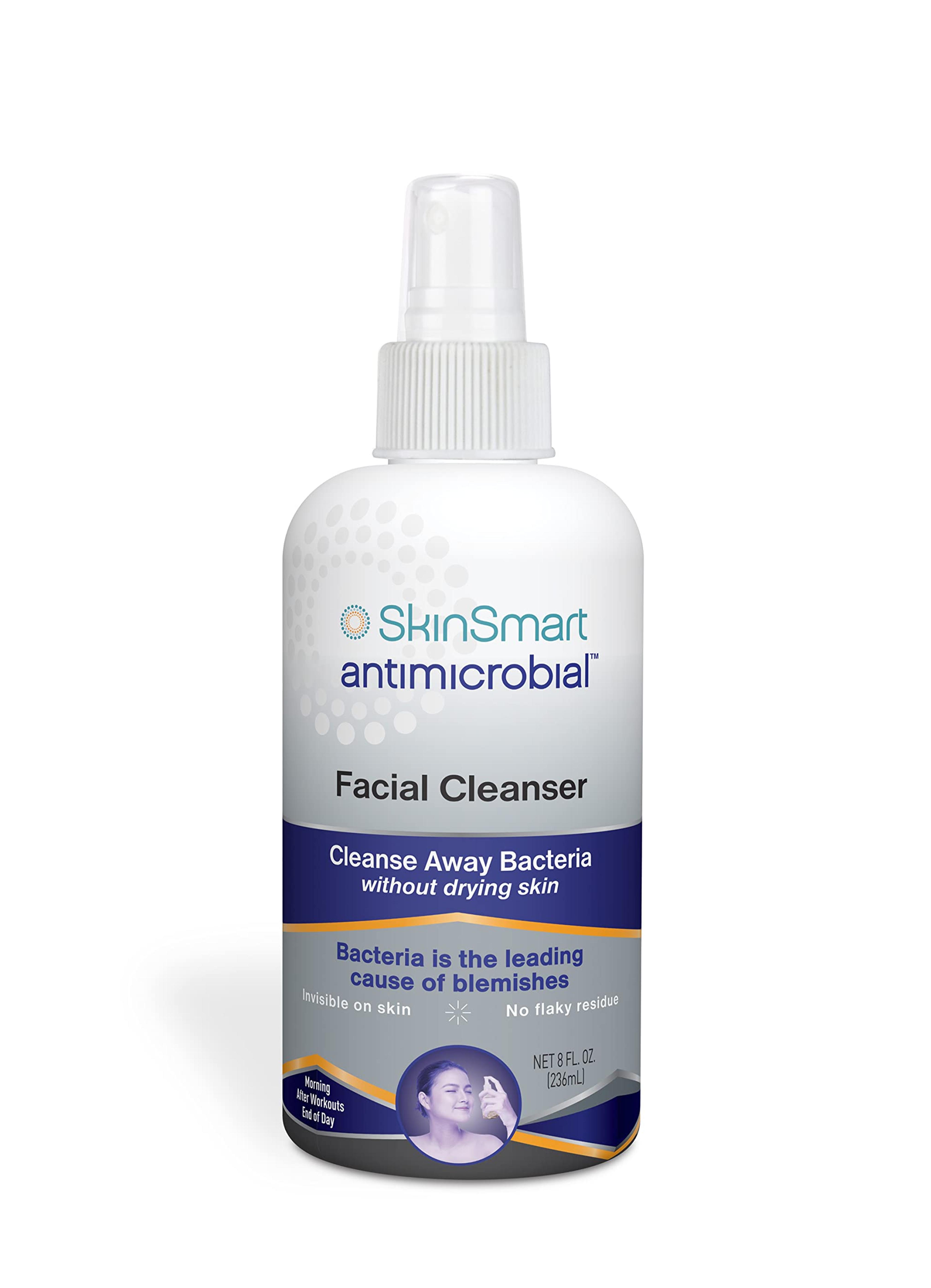 SkinSmart Facial Cleanser for Acne, Targets Bacteria for Active Teenage Athletes Post Workout and Adult Acne, 8 oz Spray Bottle, Safe for Multiple Daily Uses