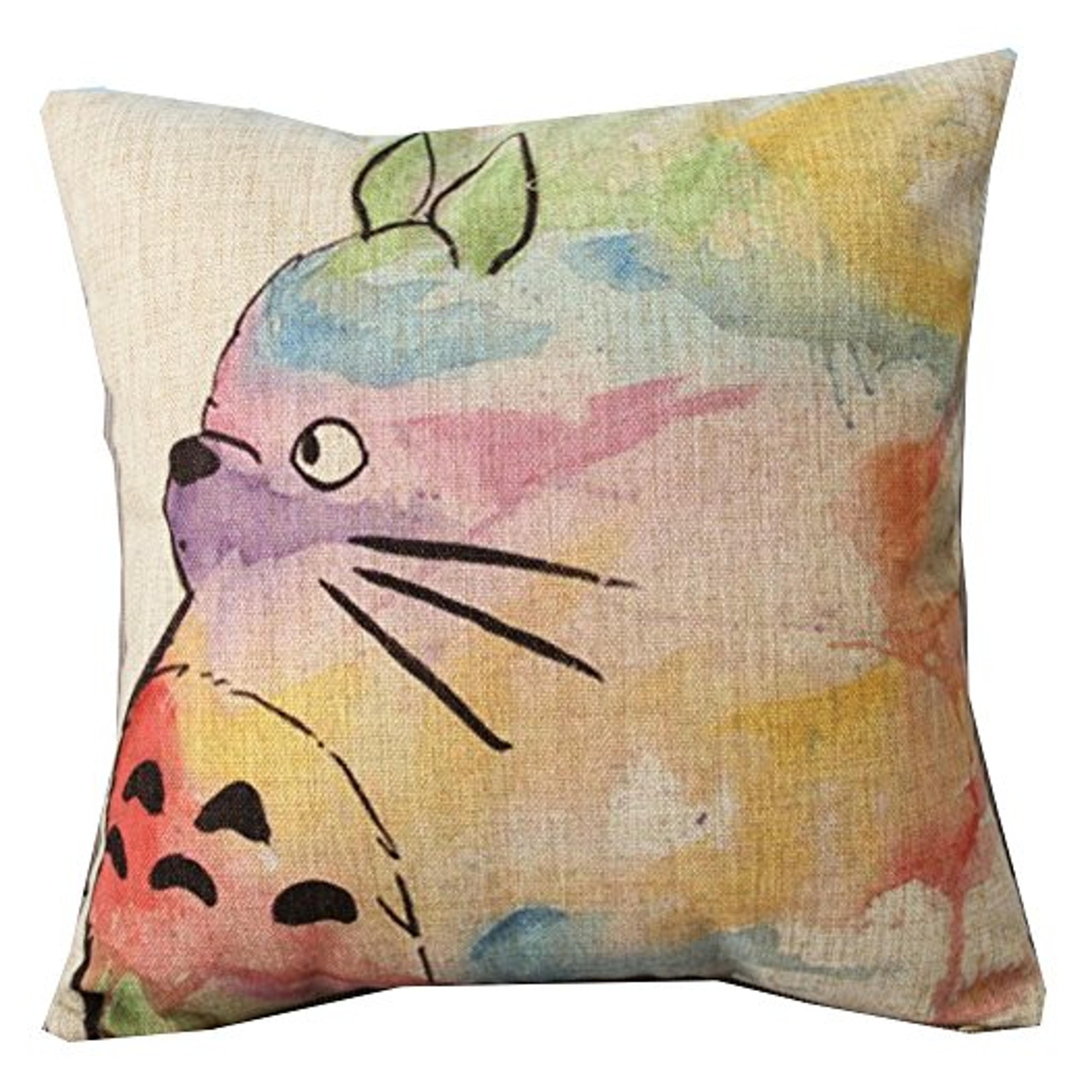 Hand Painted Colorful Lovely Totoro Chinchilla Throw Pillow Case Decor Cushion Covers Square 18*18 Inch Beige Cotton Blend Linen