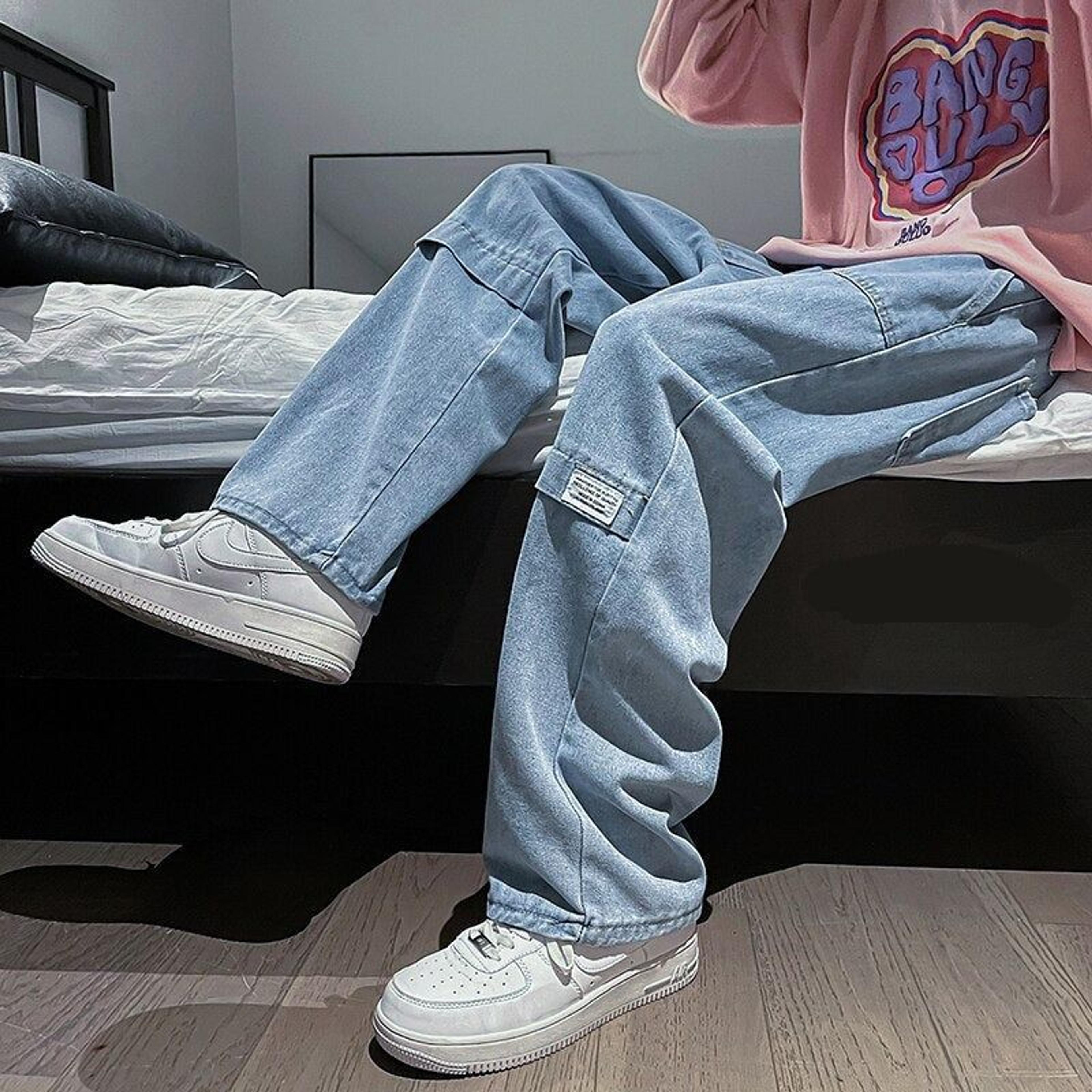 Streetwear casual men's jeans pants 2022 spring autumn denim trousers for men hip hop straight male denim trousers - black / Size L / US