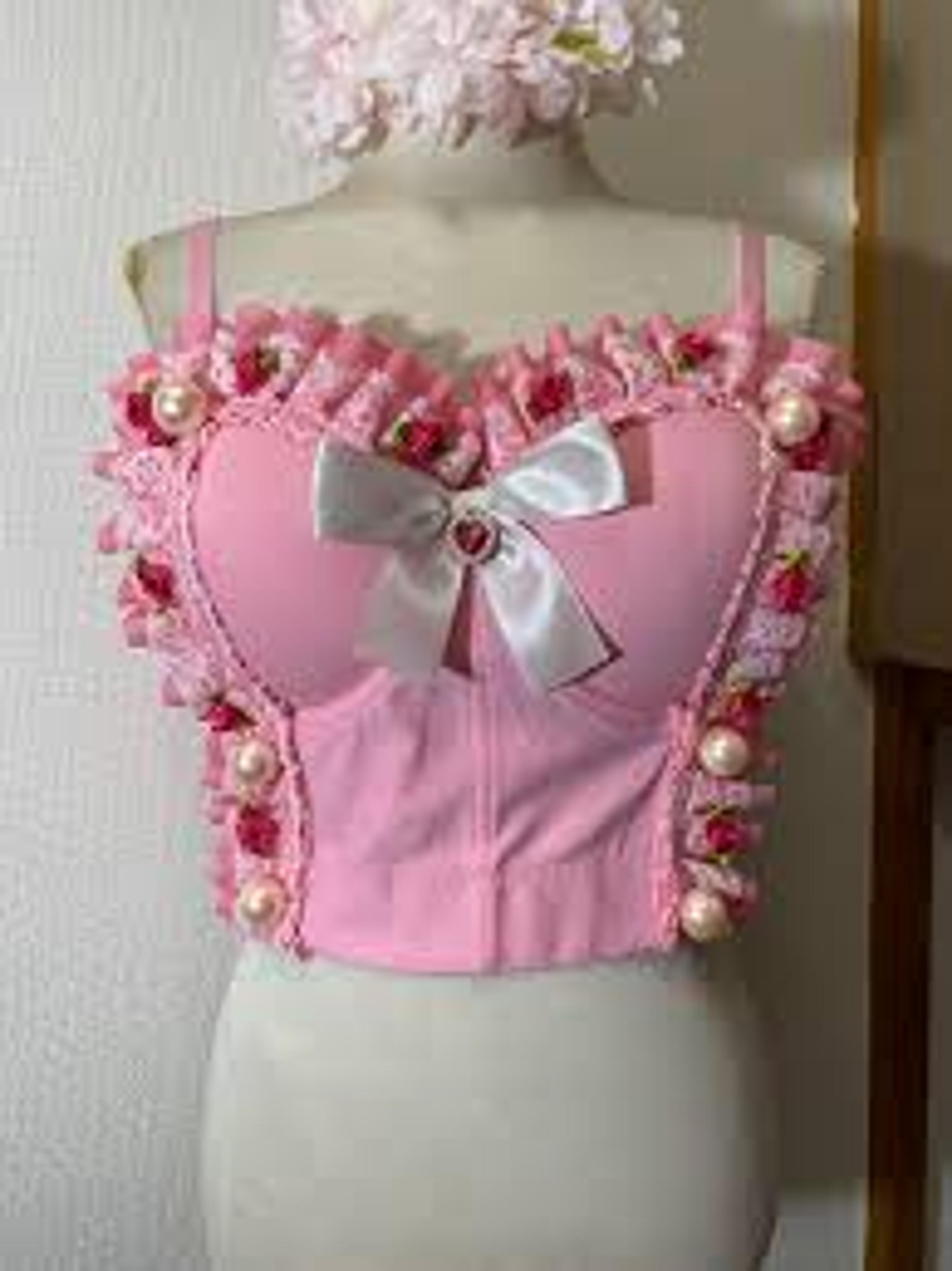 Off brand - rose pink soft short corset w. roses & pearls size EU M