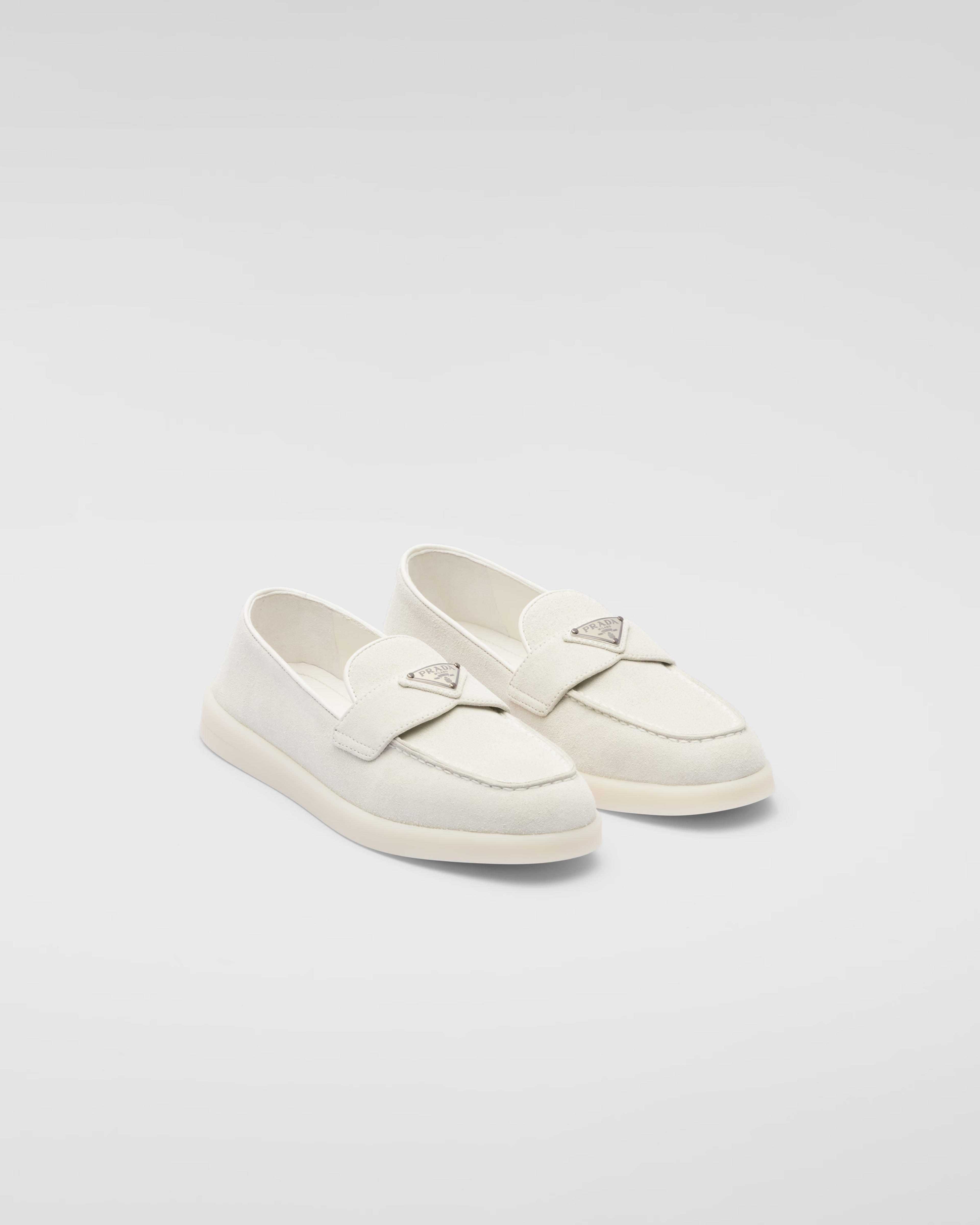 Chalk White Suede Leather Loafers | PRADA