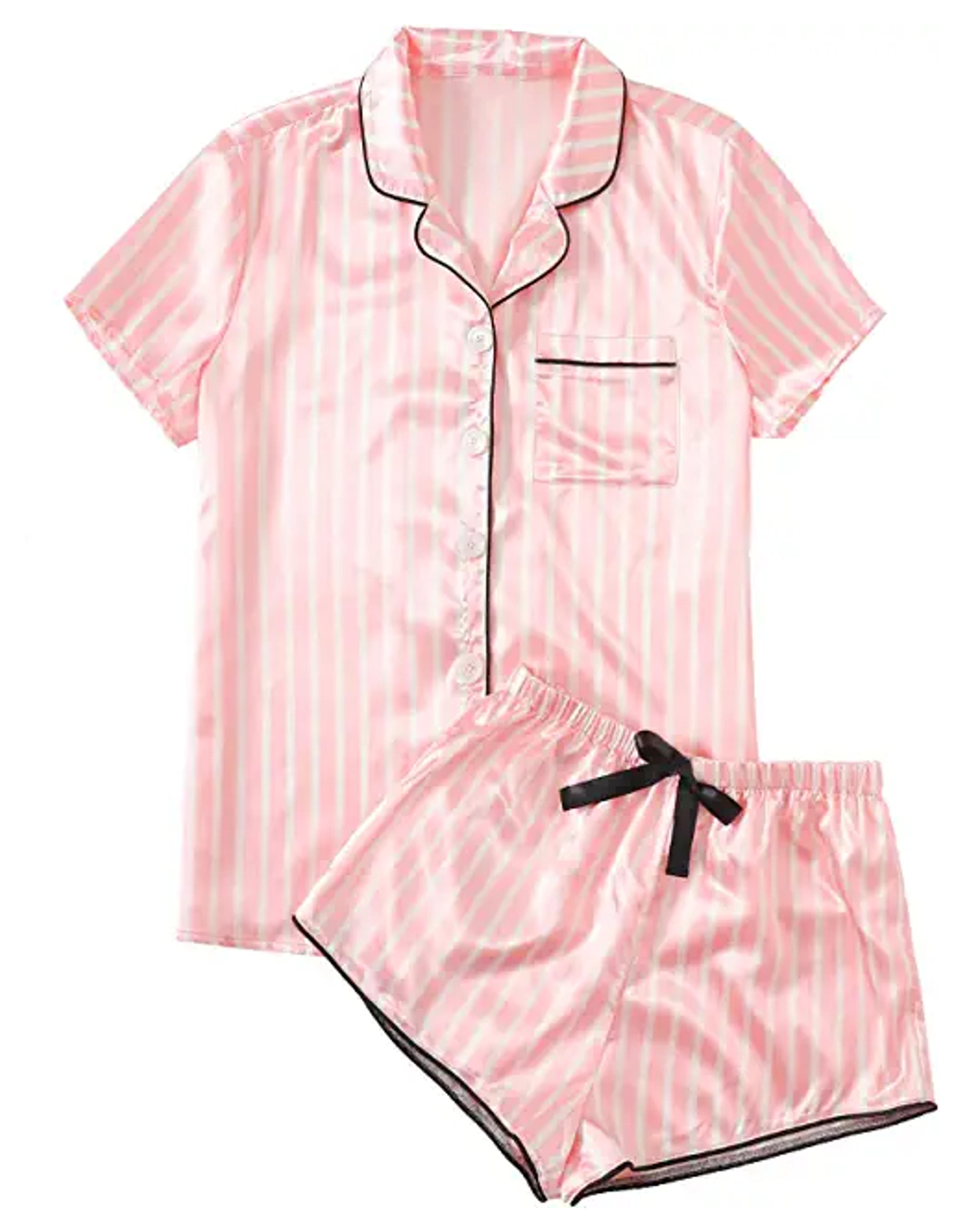 WDIRARA Women's Sleepwear Satin Short Sleeve Shirt and Shorts Pajama Set Striped Pink S at Amazon Women’s Clothing store