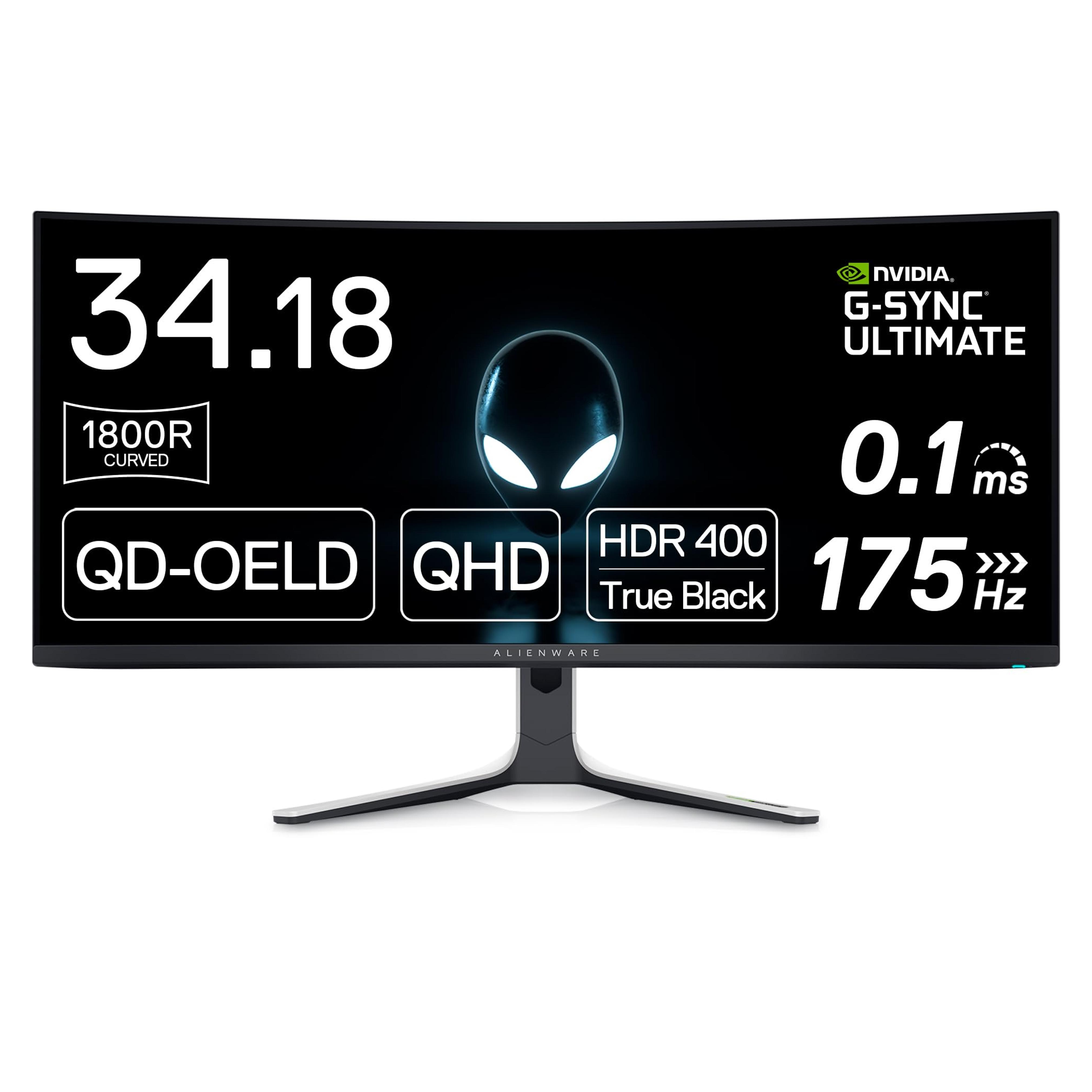 Alienware AW3423DW Curved Gaming Monitor 34.18 inch Quantom Dot-OLED 1800R Display, 3440x1440 Pixels at 175Hz, True 0.1ms Gray-to-Gray, 1M:1 Contrast Ratio, 1.07 Billions Colors - Lunar Light