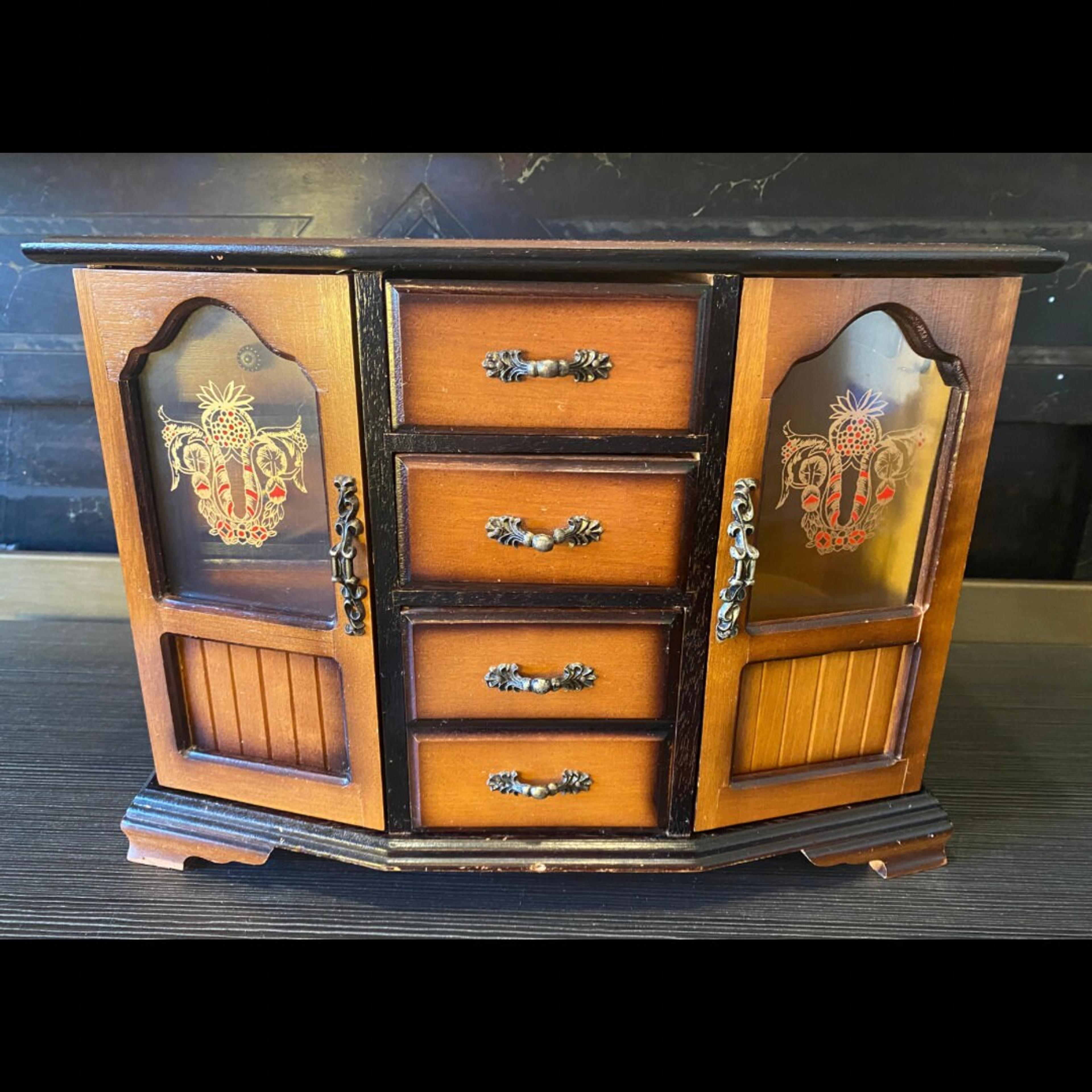 Antique Wooden Tabletop Jewelry Armoire With Red & Gold Crest Glass Doors - Etsy