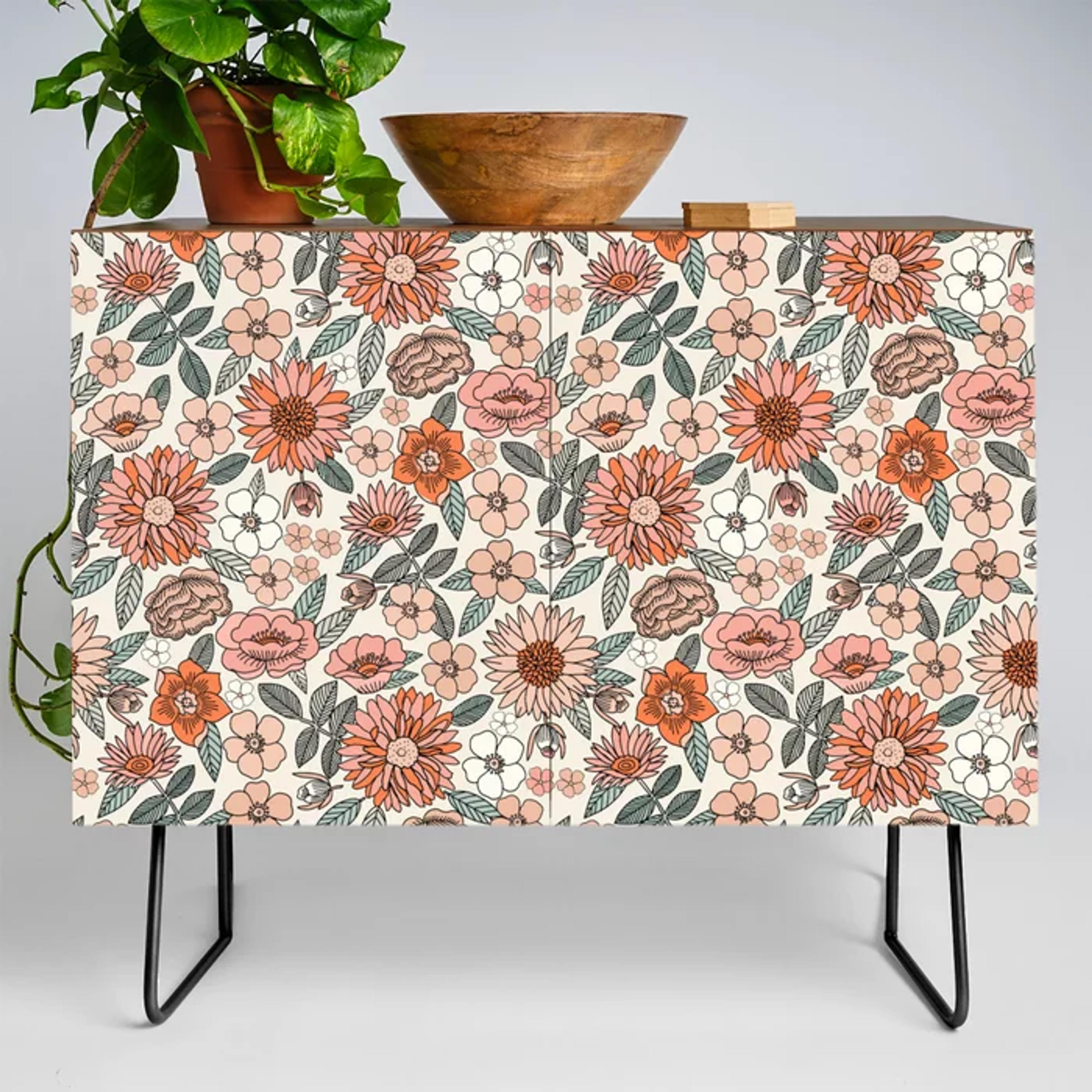 70s flowers - 70s, retro, spring, floral, florals, floral pattern, retro flowers, boho, hippie, earthy, muted Credenza by CharlotteWinter | Society6