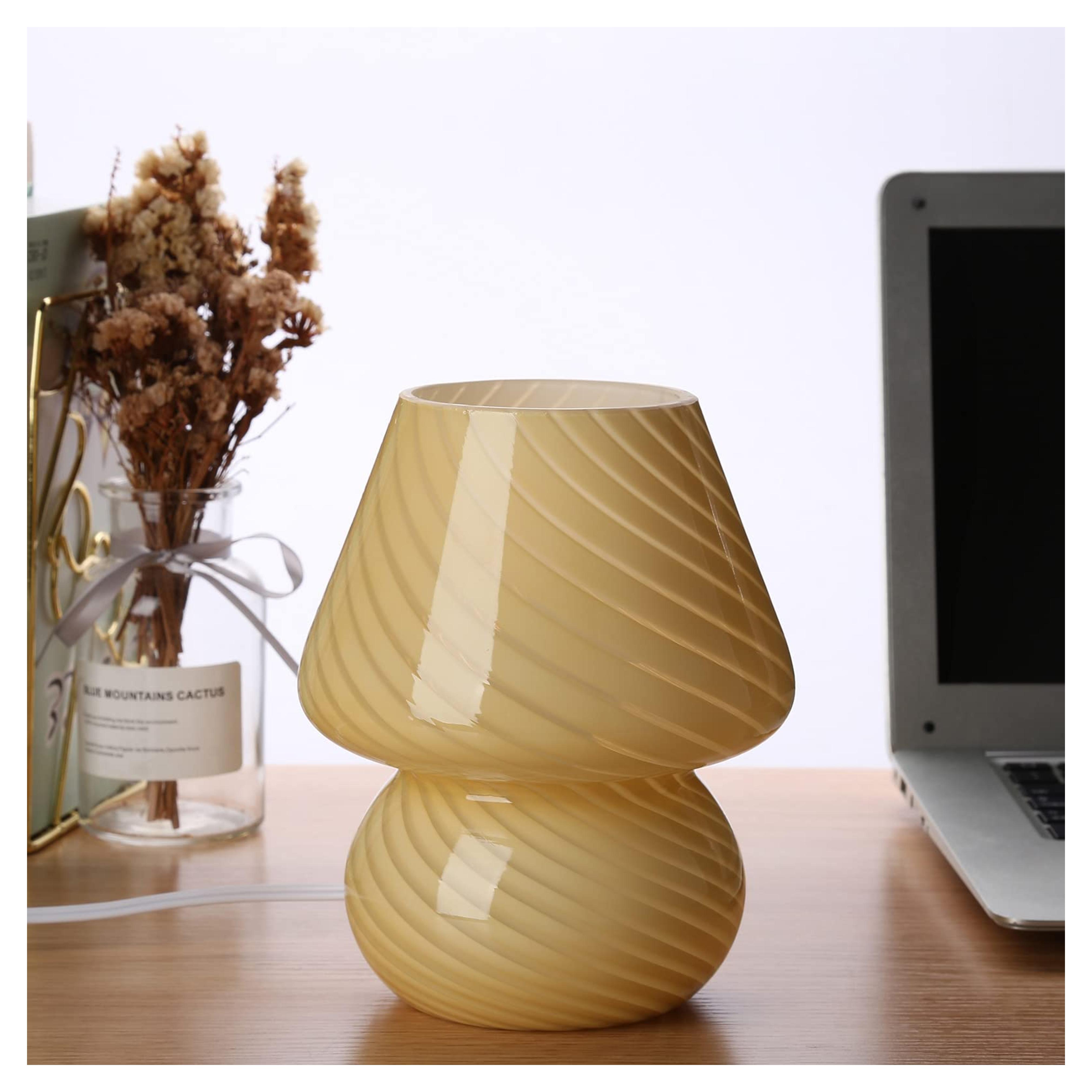 Glass Mushroom Bedside Table Lamp, Yellow Translucent Murano Vintage Style Striped Small Nightstand Desklamp Swirl Light for Home Decor, Dining, Living, Bedroom, Gift (Stripe Yellow) - - Amazon.com