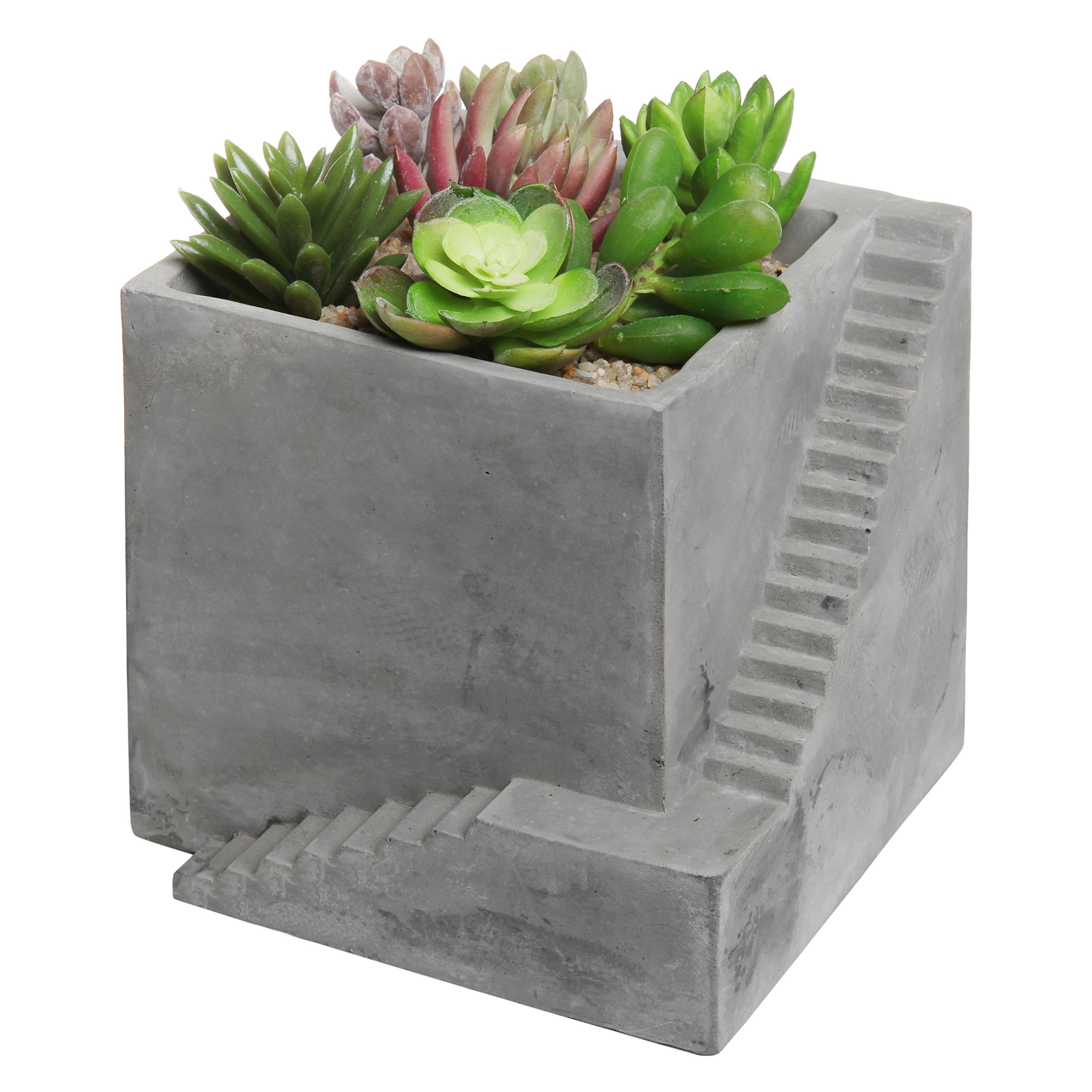 Modern Square Gray Cement Cube Building & Stairs Design Succulent Planter Pot / Small Plant Box - MyGift®