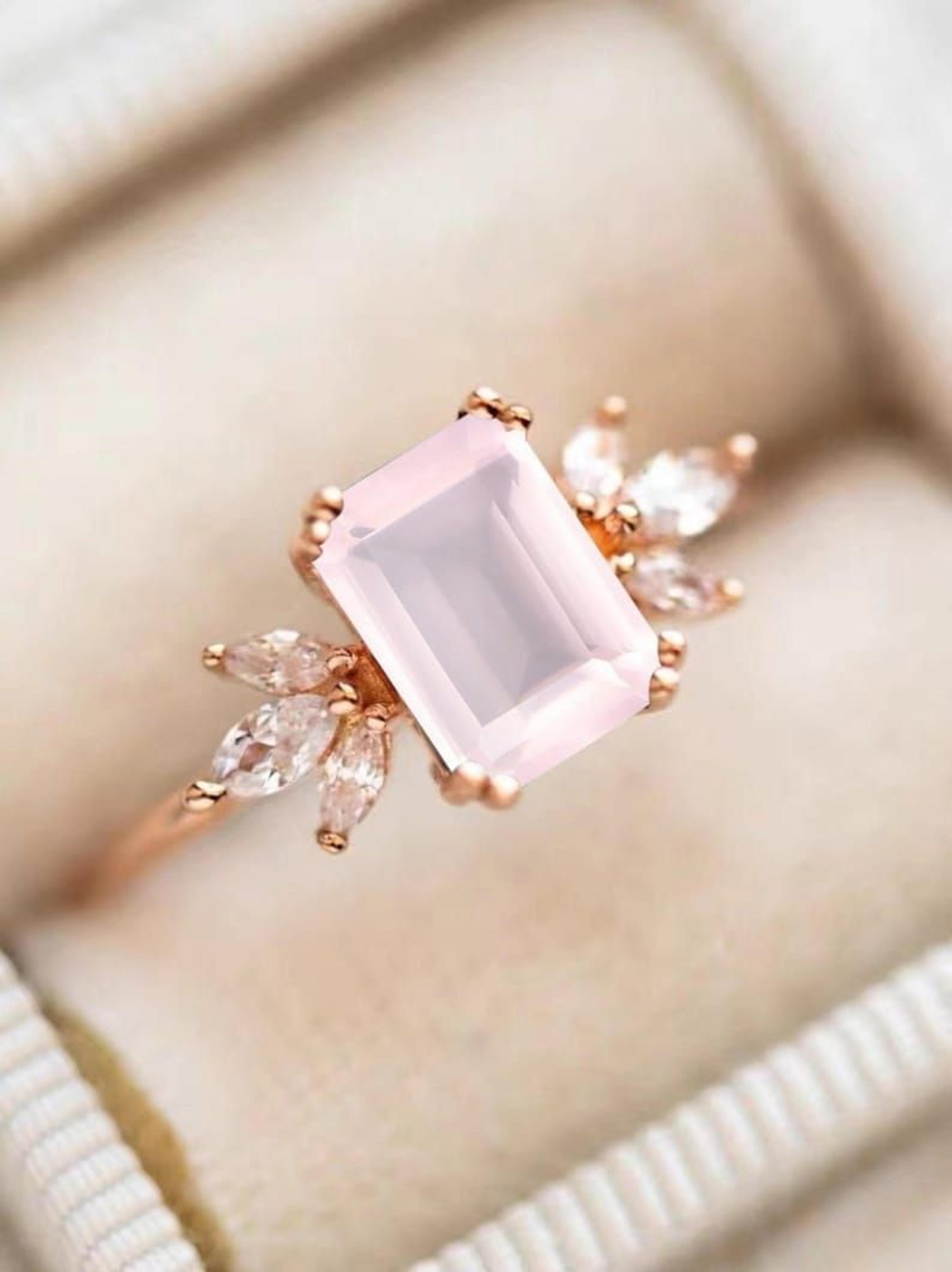 Rose quartz Engagement Ring 4ct Emerald Cut Vintage Rose Gold Engagement Cluster Ring Moissanite Bridal Ring Promise Ring Anniversary Ring