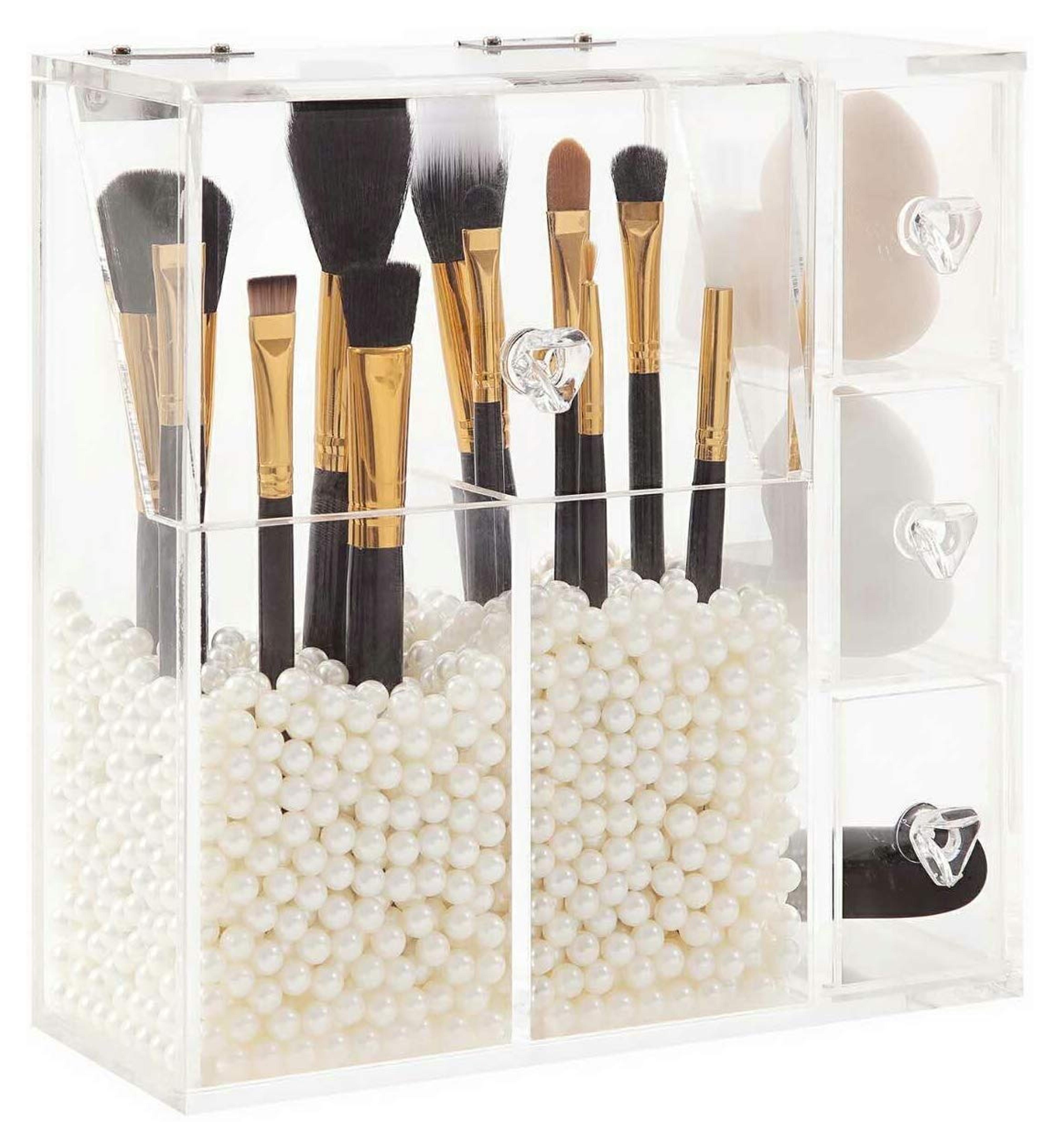 PuTwo Makeup Organizer With 2 Make Up Brush Holders and 3 Drawers All In One Case with Free White Pearl