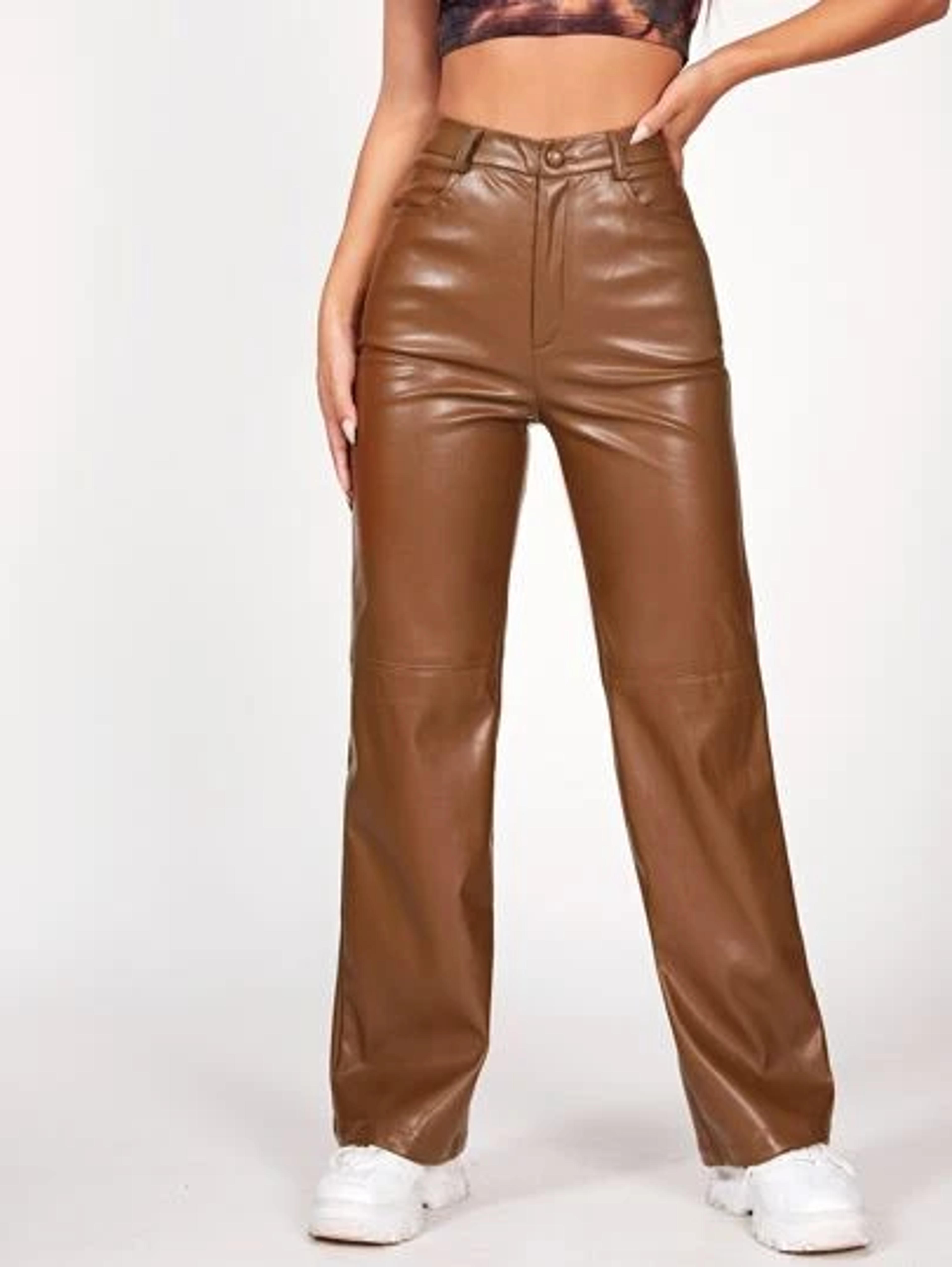 SHEIN PETITE Solid PU Leather Straight Leg Pants