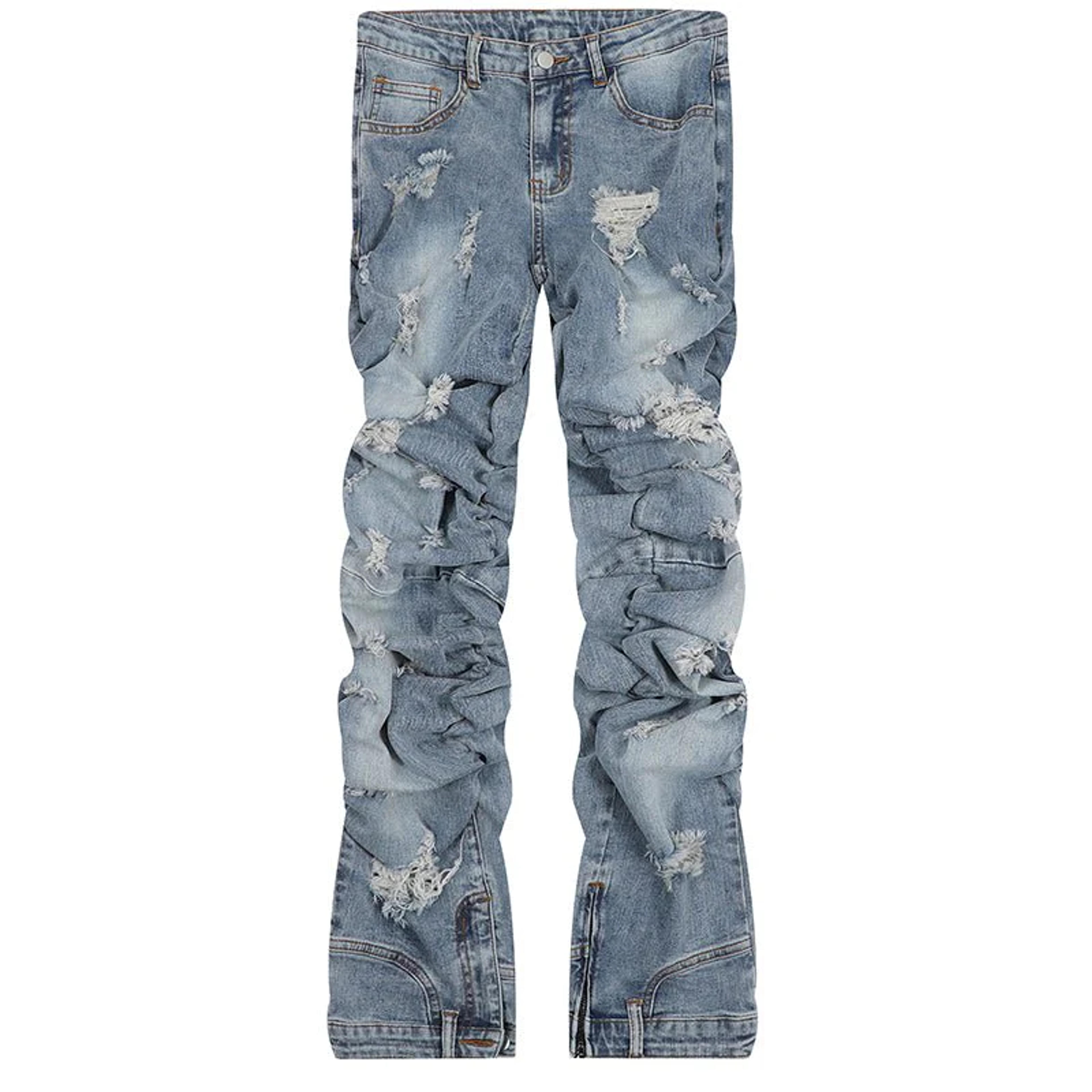 Lemandik Hip Hop Style Jeans Ripped Folds - Blue / XL