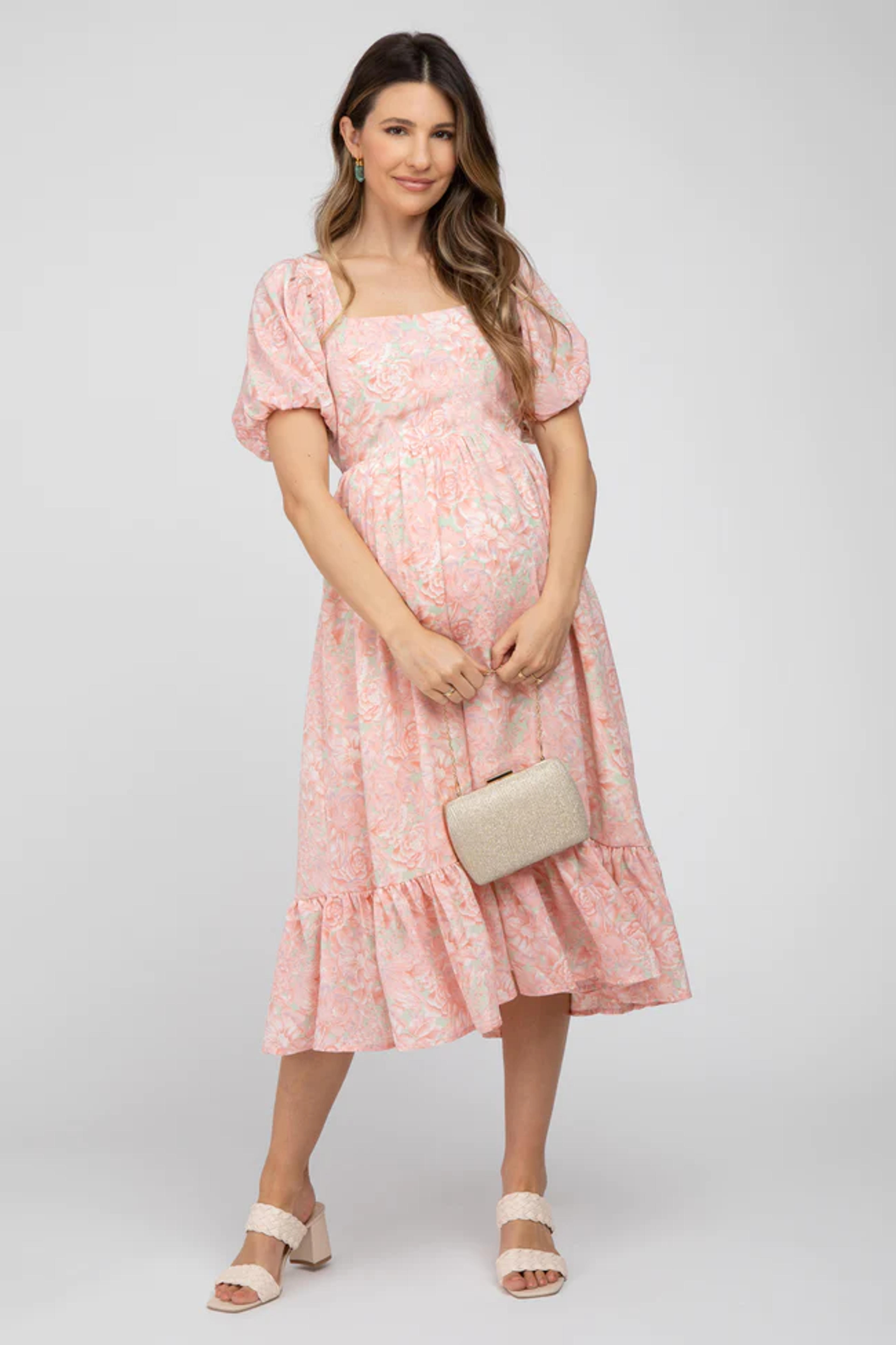 Pink Floral Puff Sleeve Maternity Midi Dress – PinkBlush