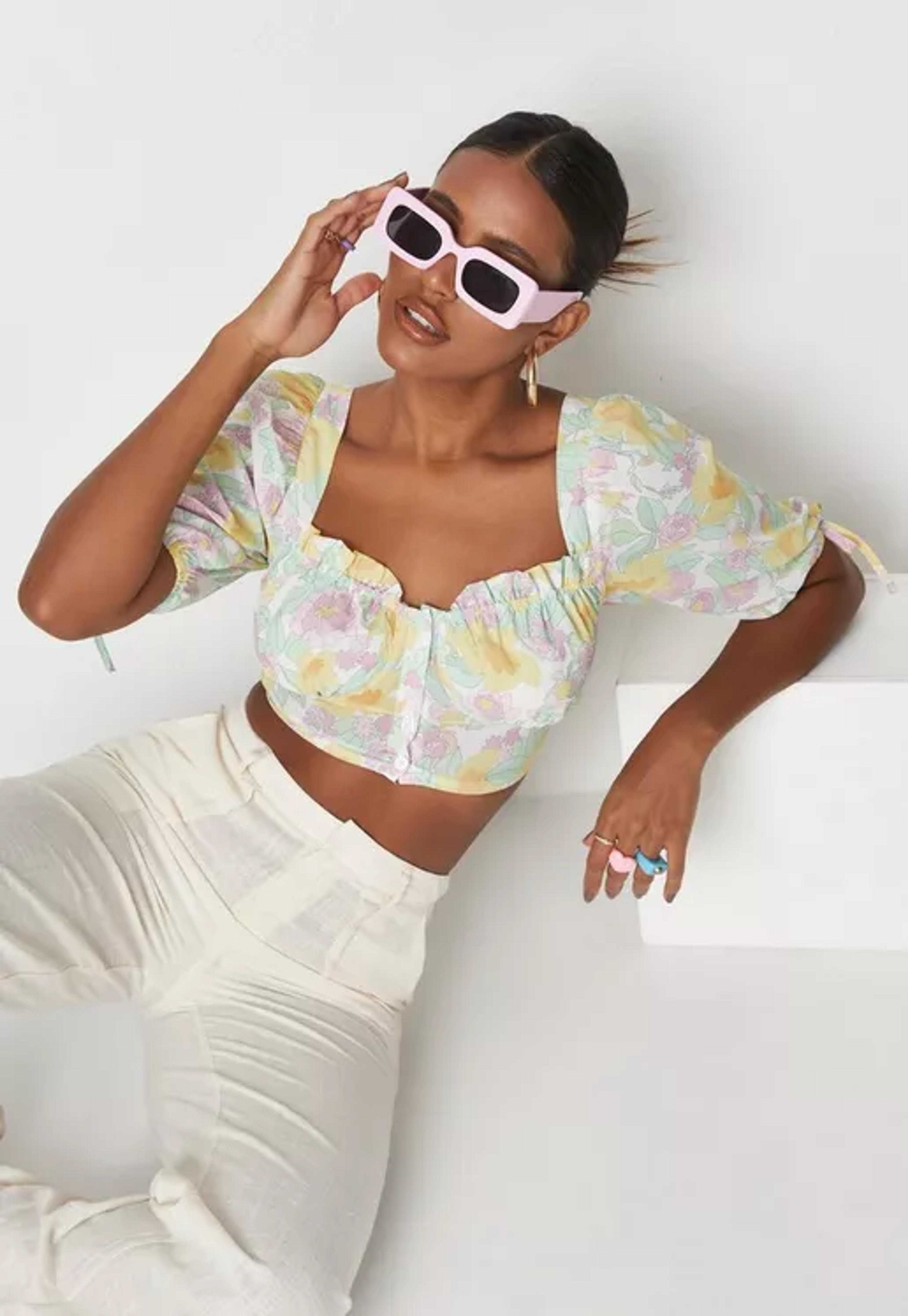 Yellow Floral Print Button Front Crop Top