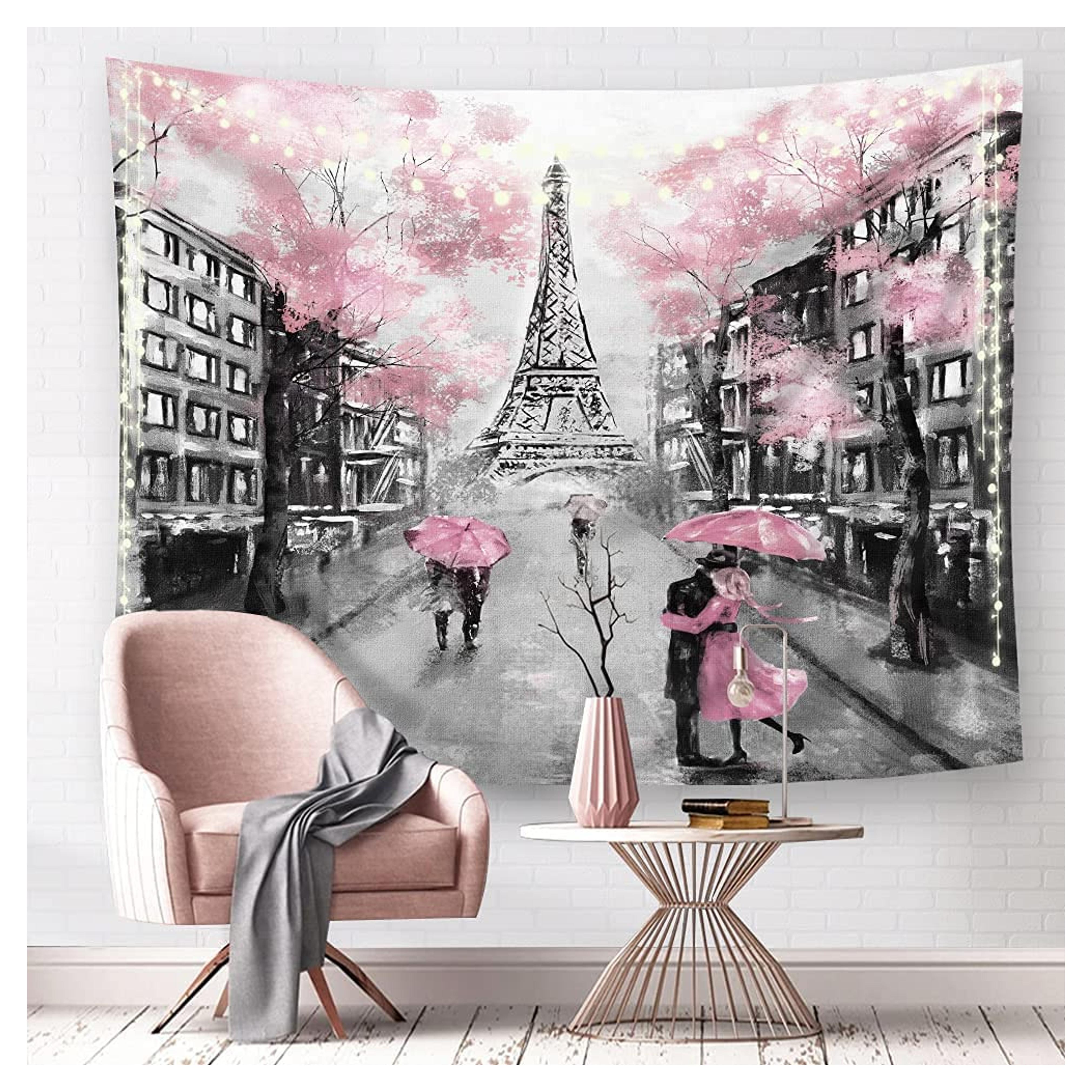 Riyidecor Pink Paris Eiffel Tower Tapestry for Living Room Wall Decor 51Hx59W Inch Paris Theme Backdrop Wall Hanging for Girls Women Vintage Romantic French Scenery Lover Couple Home Bedroom WW-PAVT