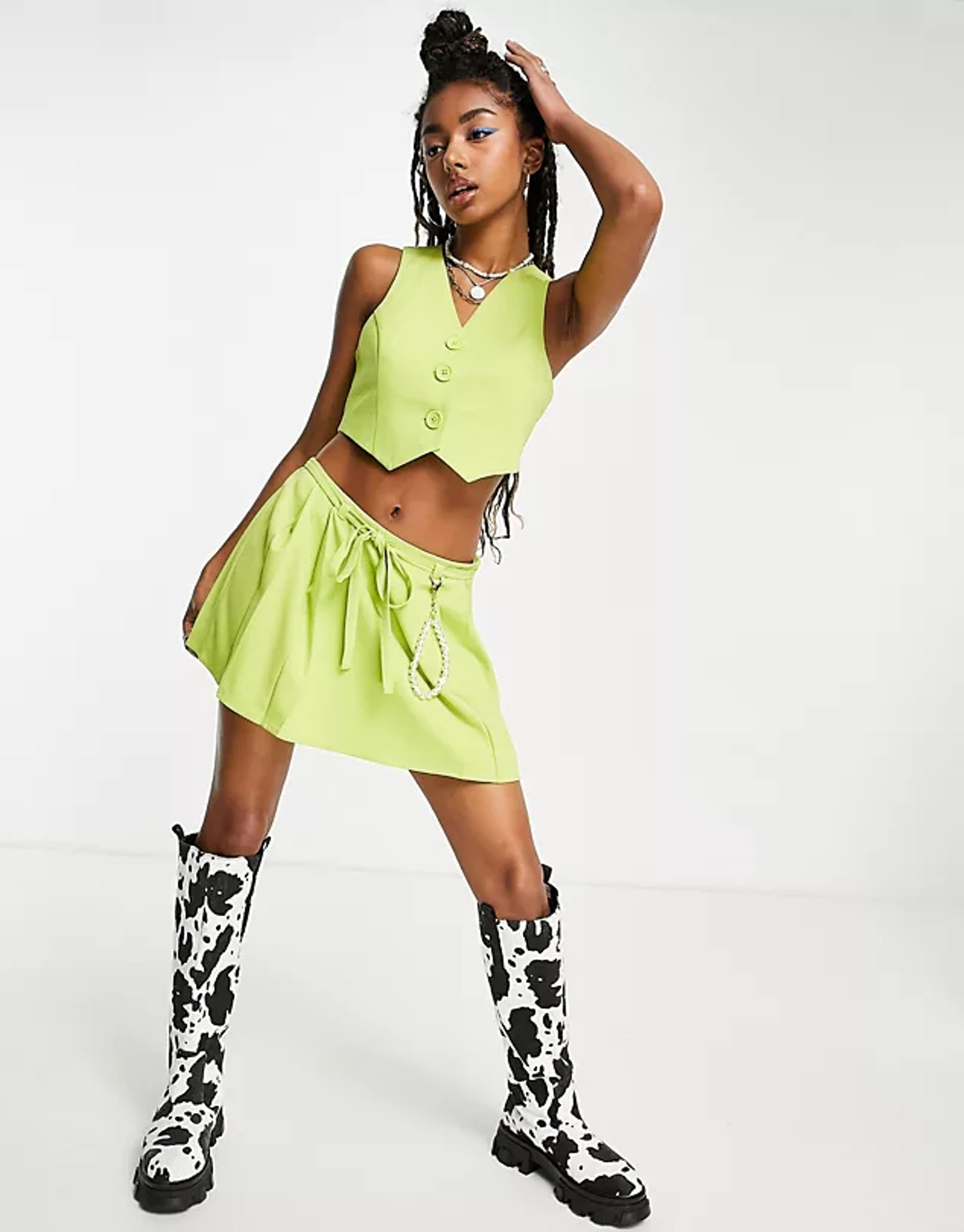 COLLUSION pleated mini skirt in green with detachable pearls & vest - part of a set | ASOS