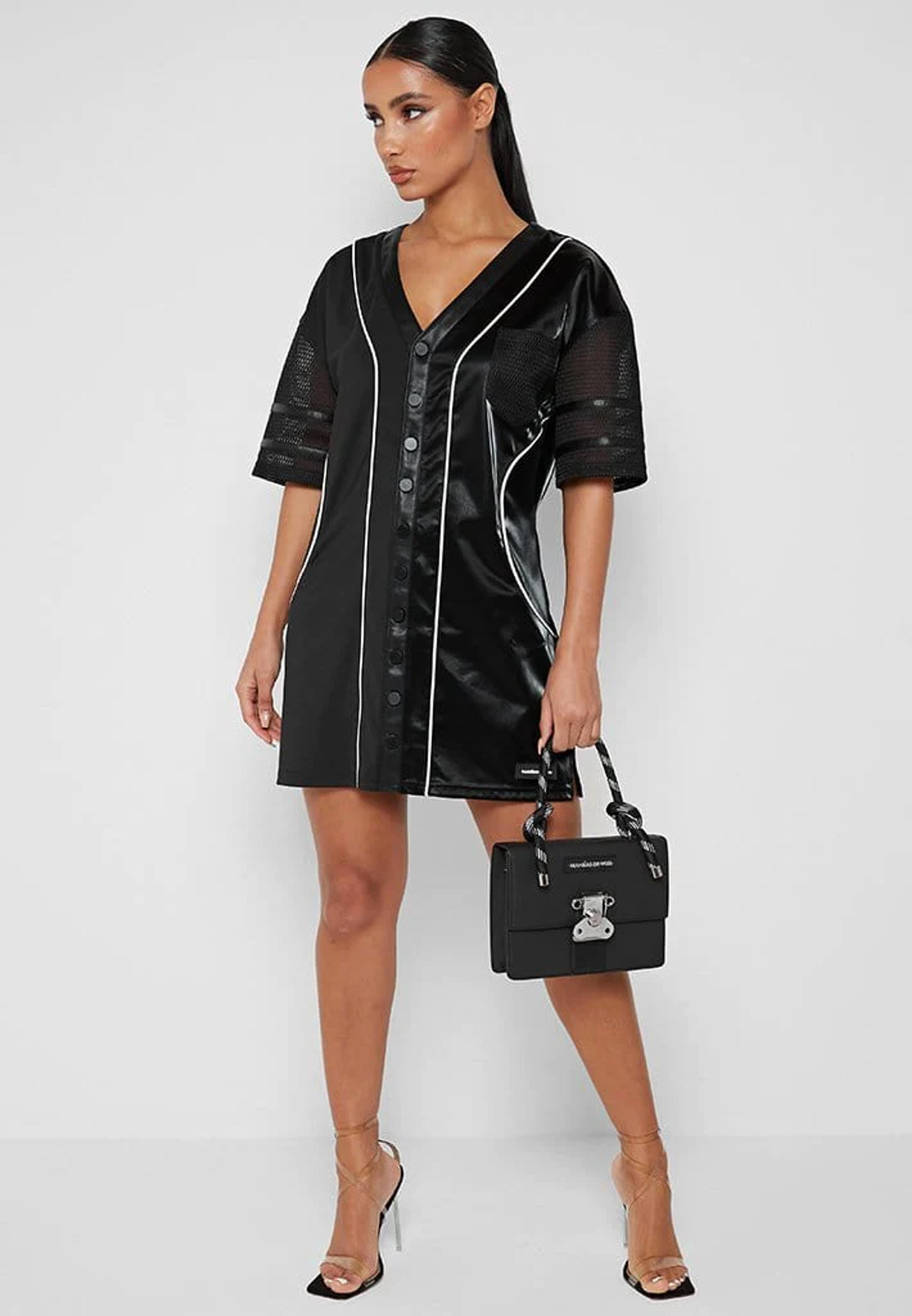 Vegan Leather and Satin Baseball Dress - Black | Manière De Voir USA