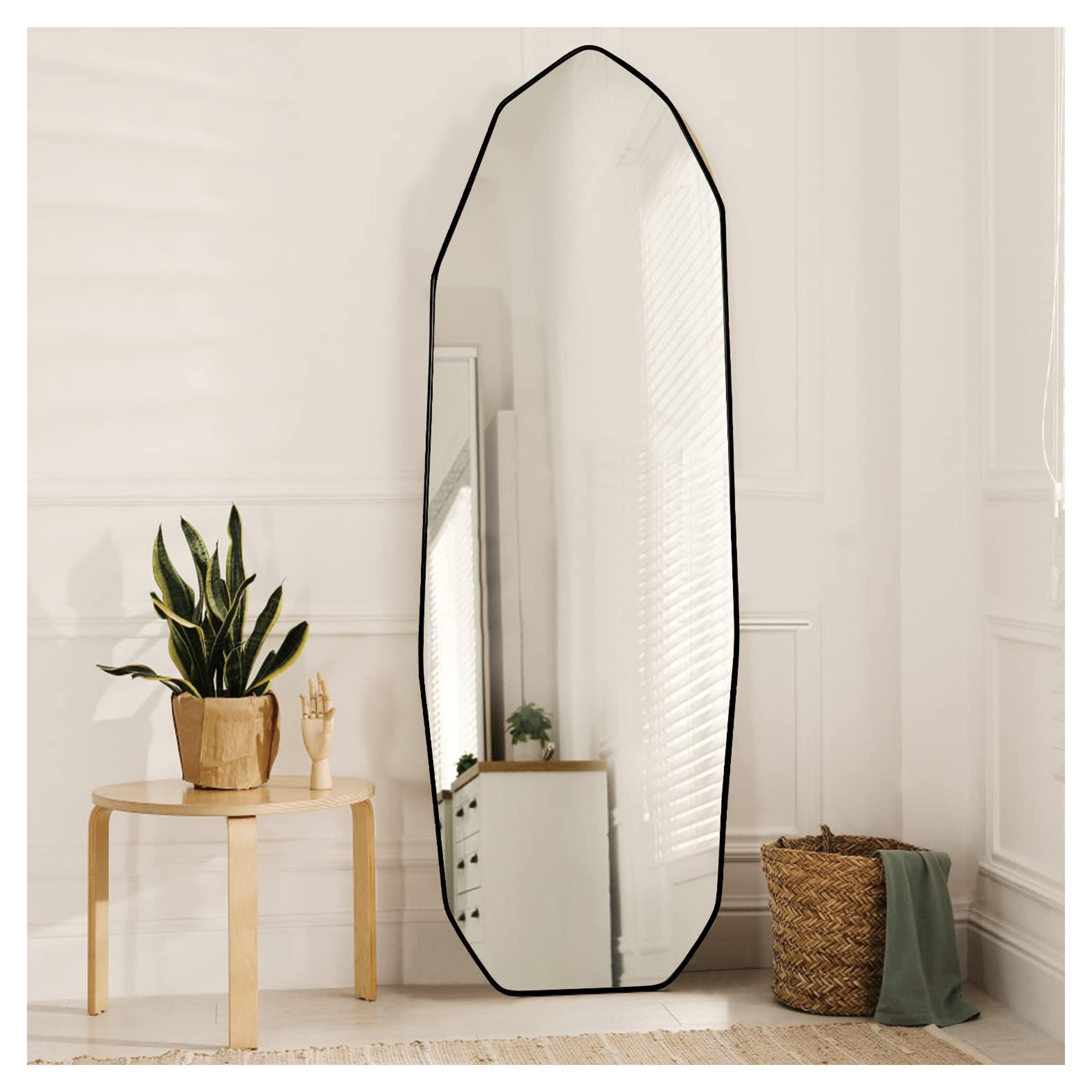 SANHUAMAO Full Length Mirror 22" x 65" Irregular Floor Length Mirror with Stand, Wall Mirror Diamond Shaped for Living Room, Bathroom, Entryway and Cloakroom, Black Aluminum Frame