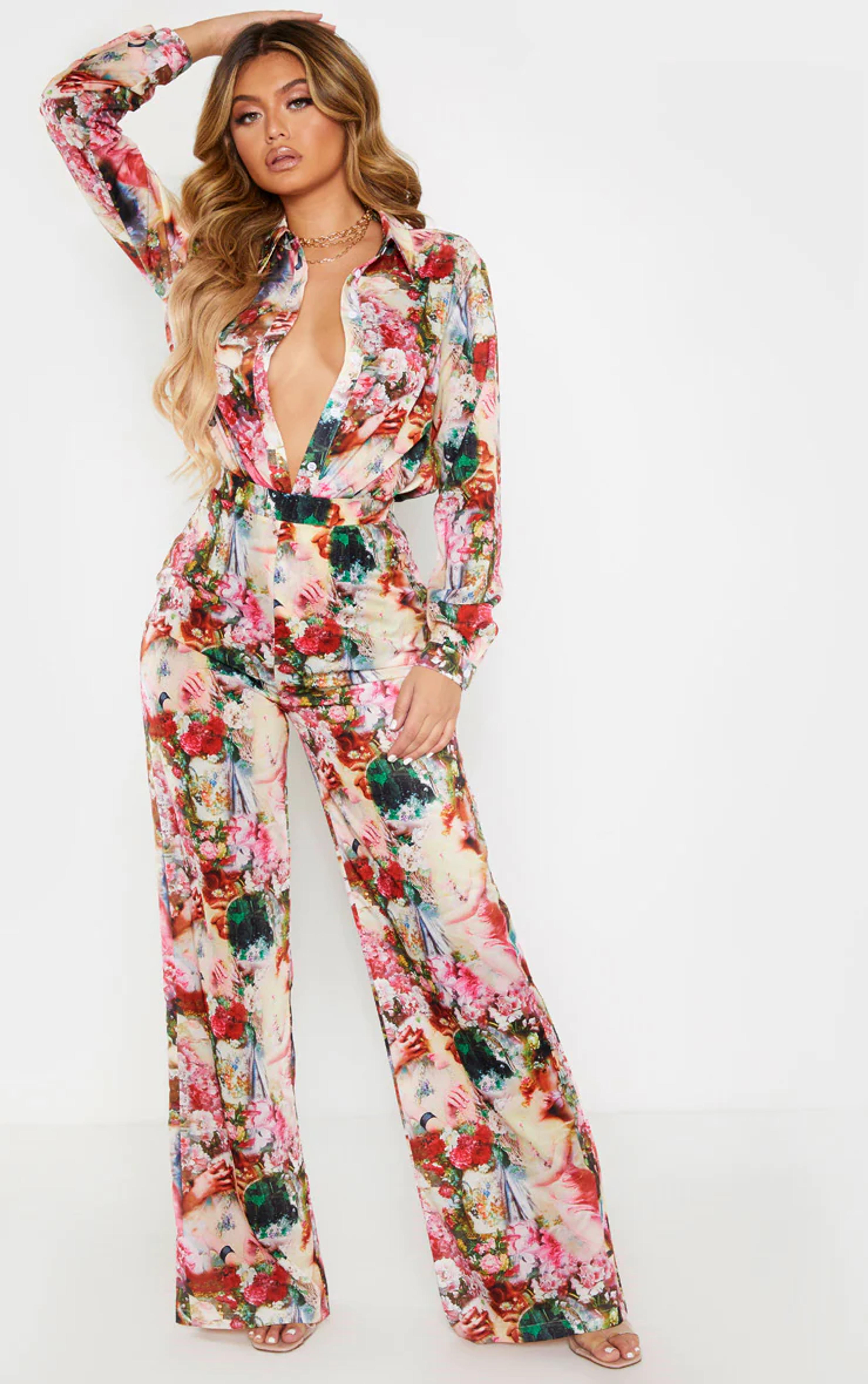 Rose Femme Renaissance Print Wide Leg Pants