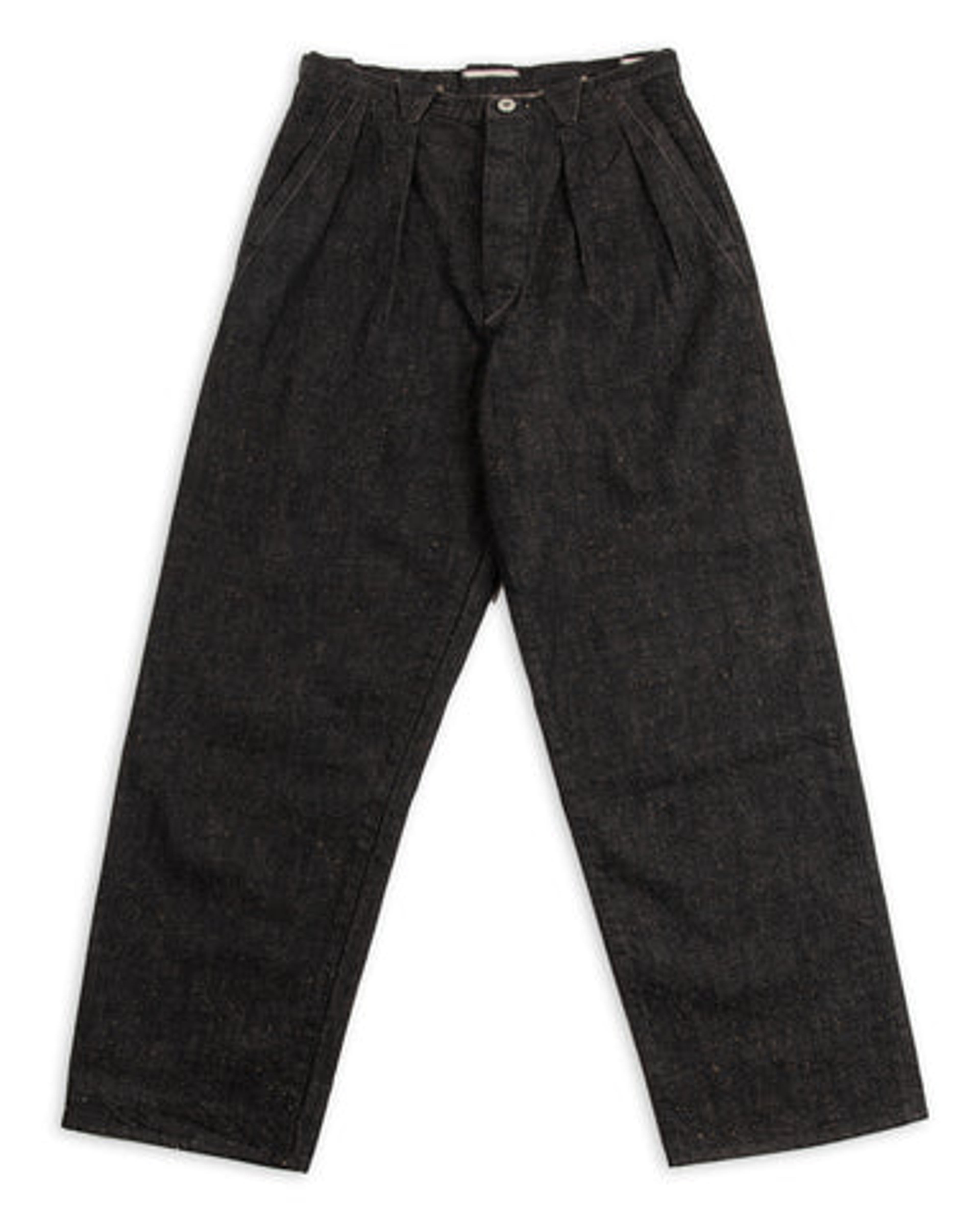 MotivMfg Pleat Denim Trousers - Char Brown Donegal Denim - Standard & Strange