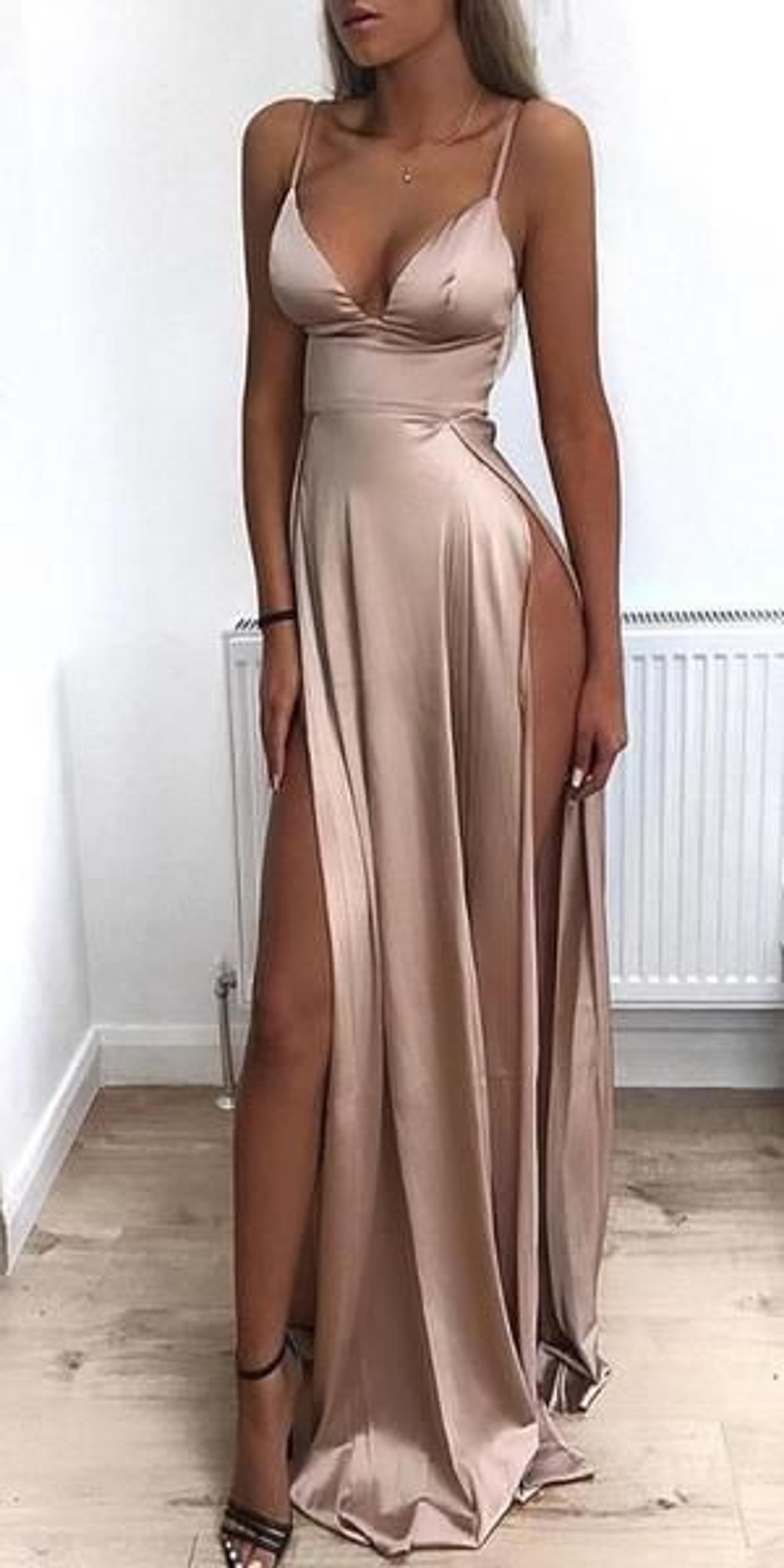 Sexy Spaghetti Strap V-neck Double Side-slit Simple Prom Party Dresses, PD1032