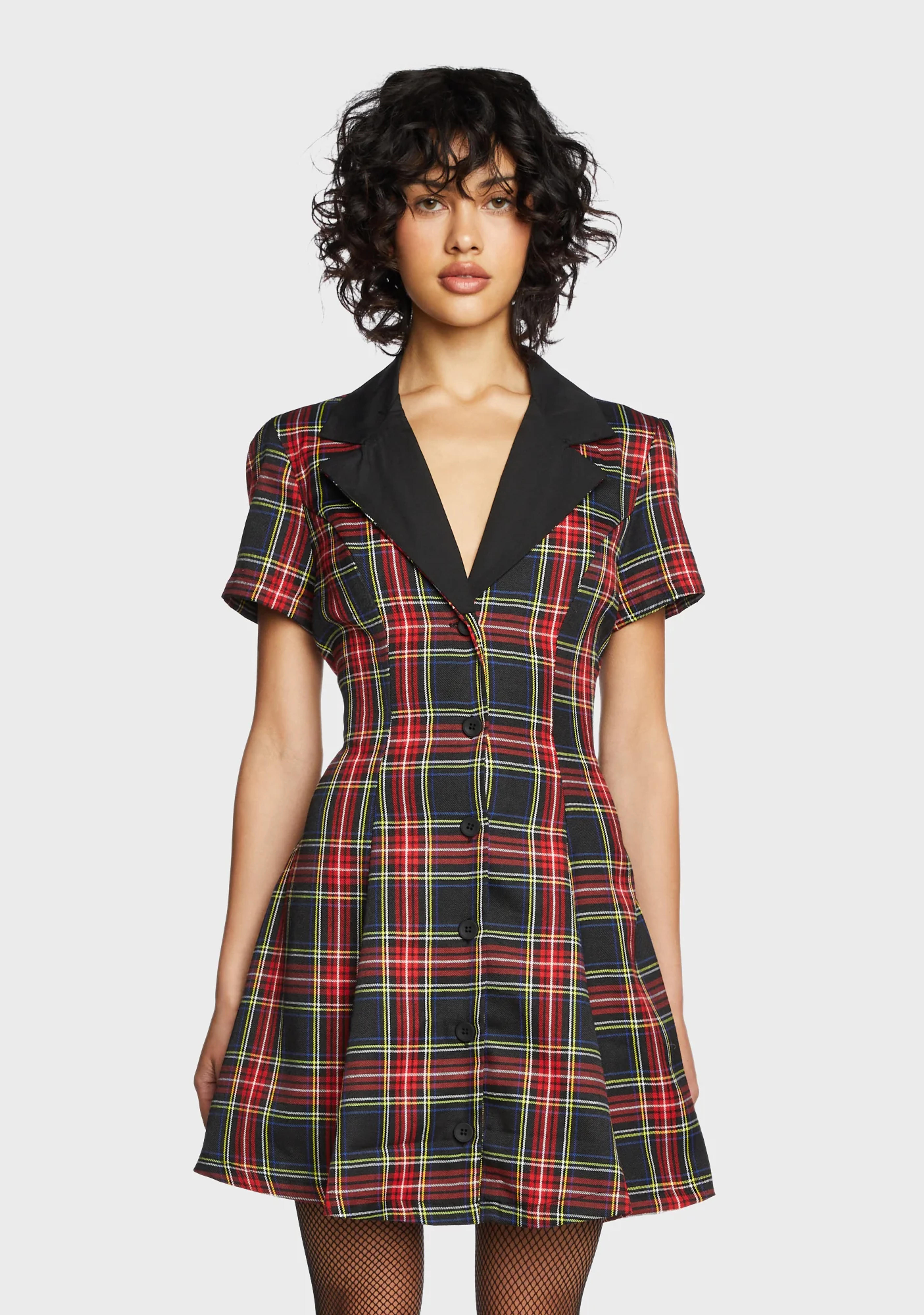 Current Mood Plaid Button Dress - Red Black