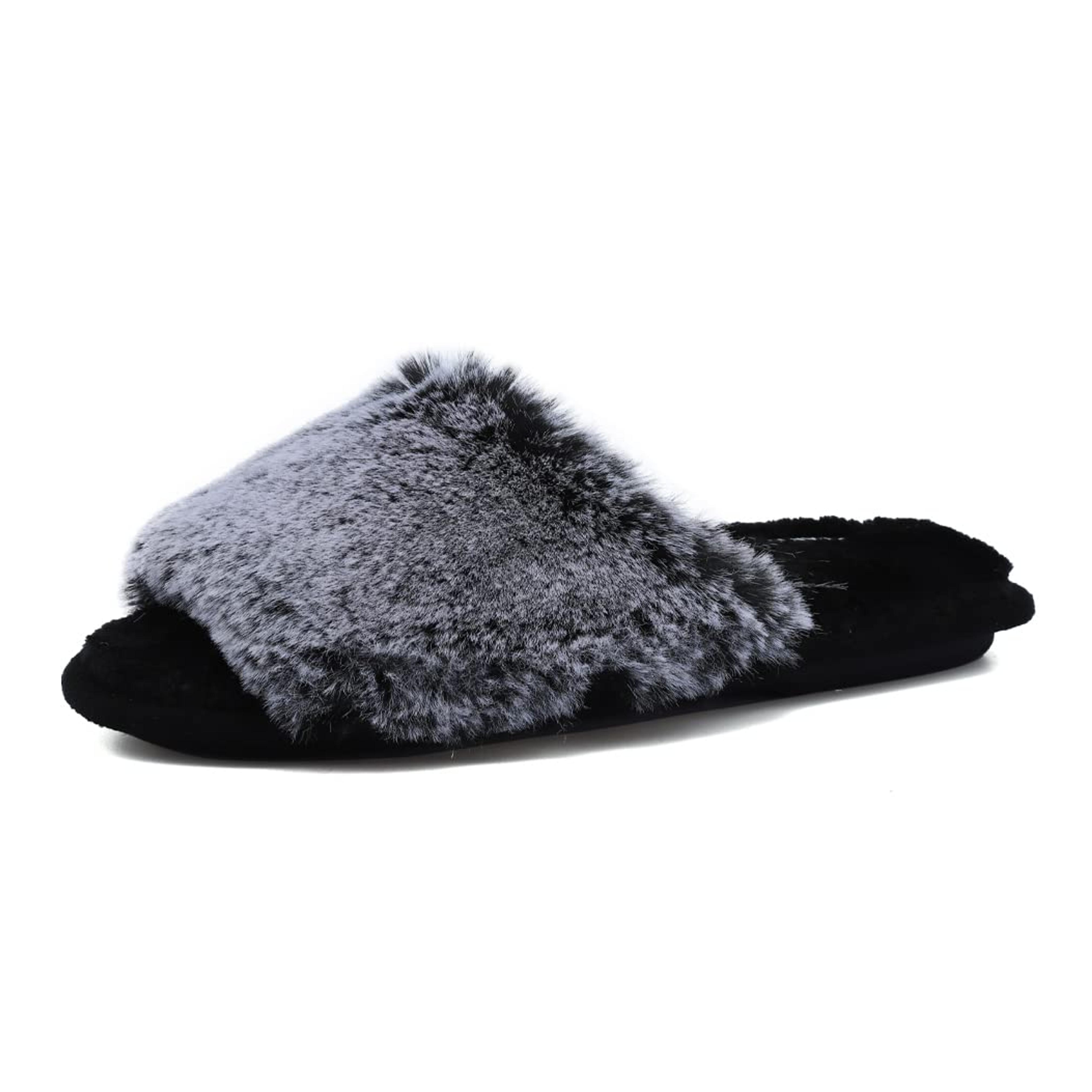 FANTURE Women's Furry Faux Fur Slippers Cozy Memory Foam House Slippers Soft Comfy Flat Slide Sandals Indoor Outdoor-U421WMT040-G Black -36-37