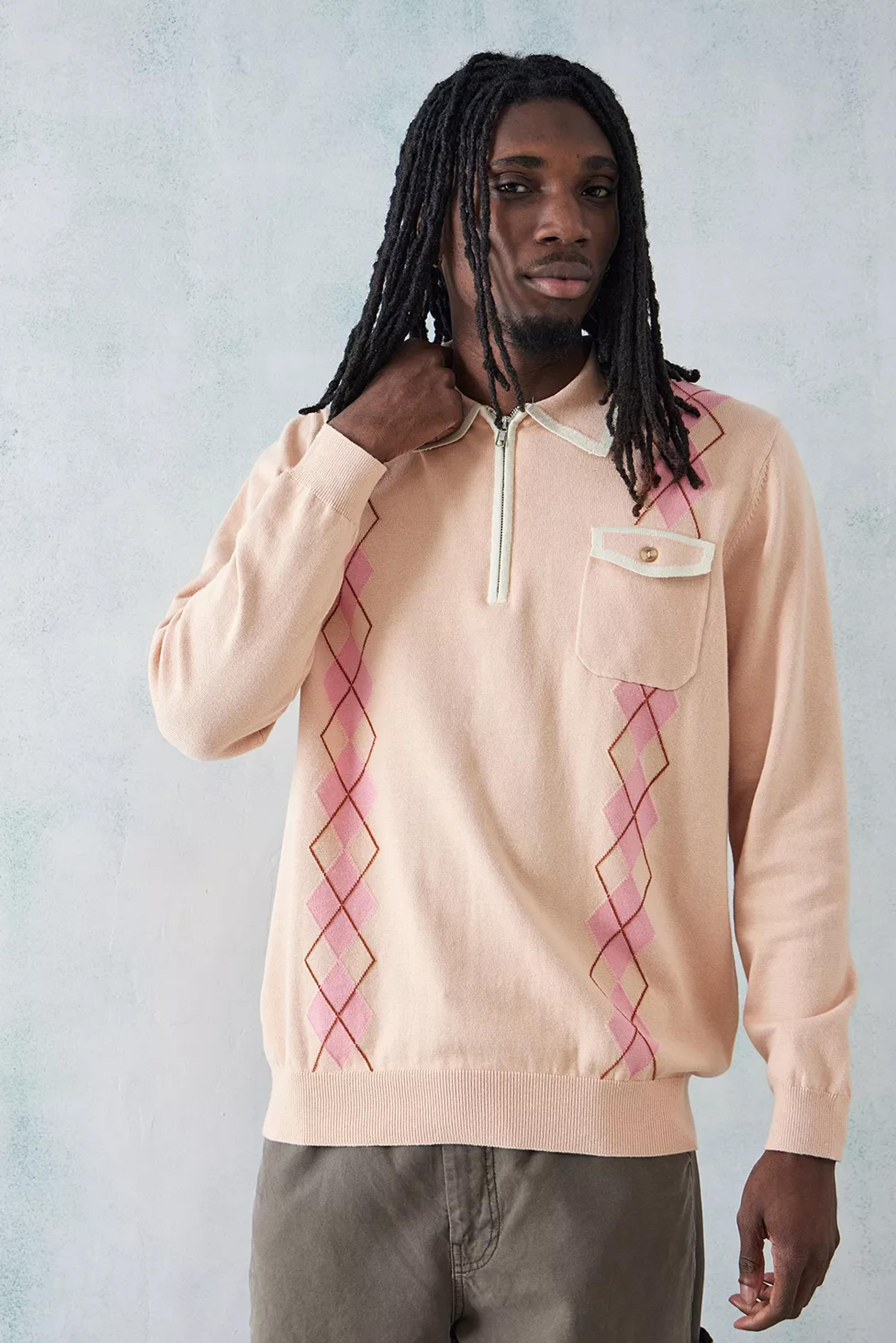 Checks Downtown Pink Argyle Quarter-Zip Jumper | Urban Outfitters UK