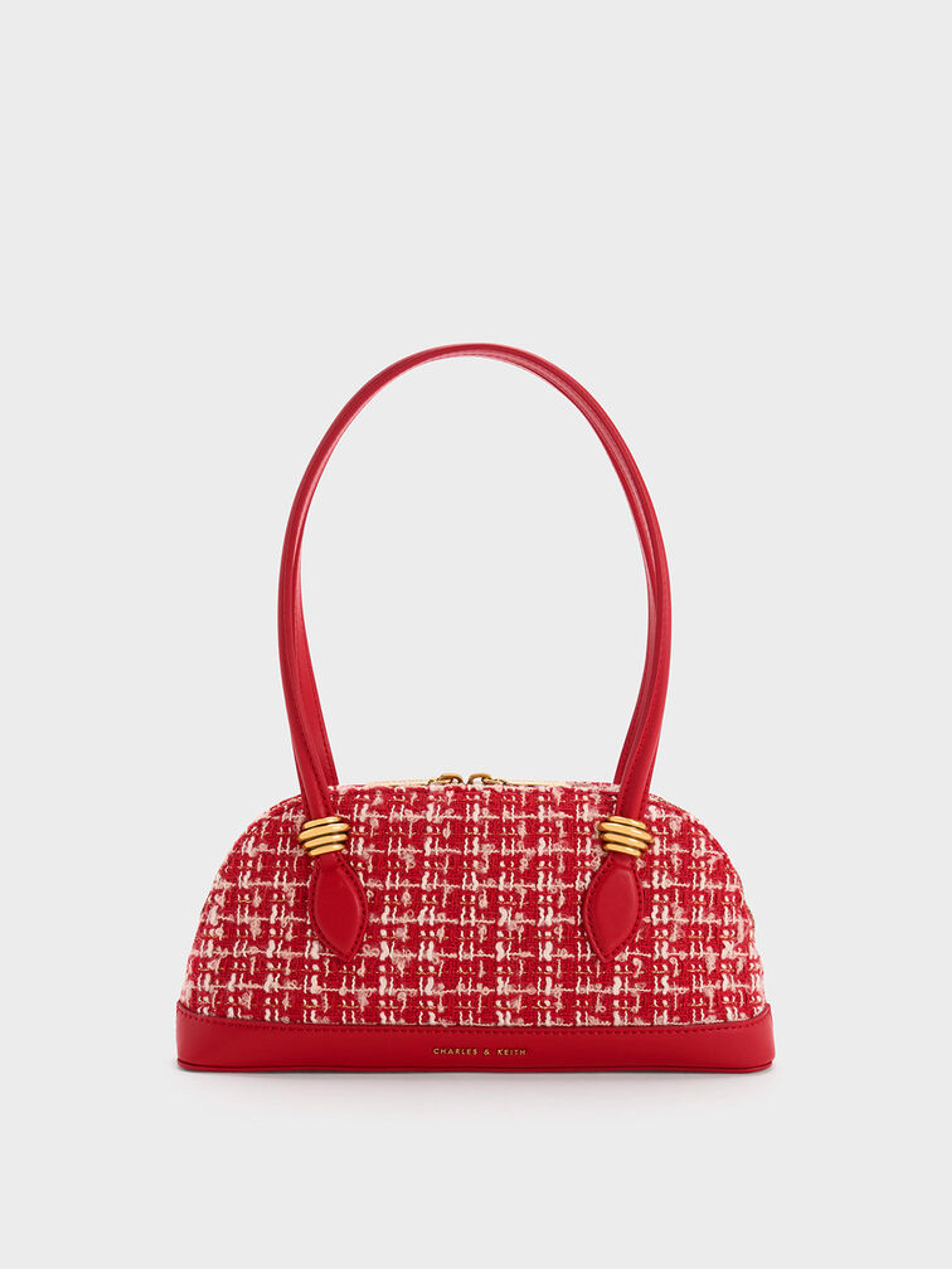 Red Trudy Tweed Elongated Handle Shoulder Bag - CHARLES & KEITH CA