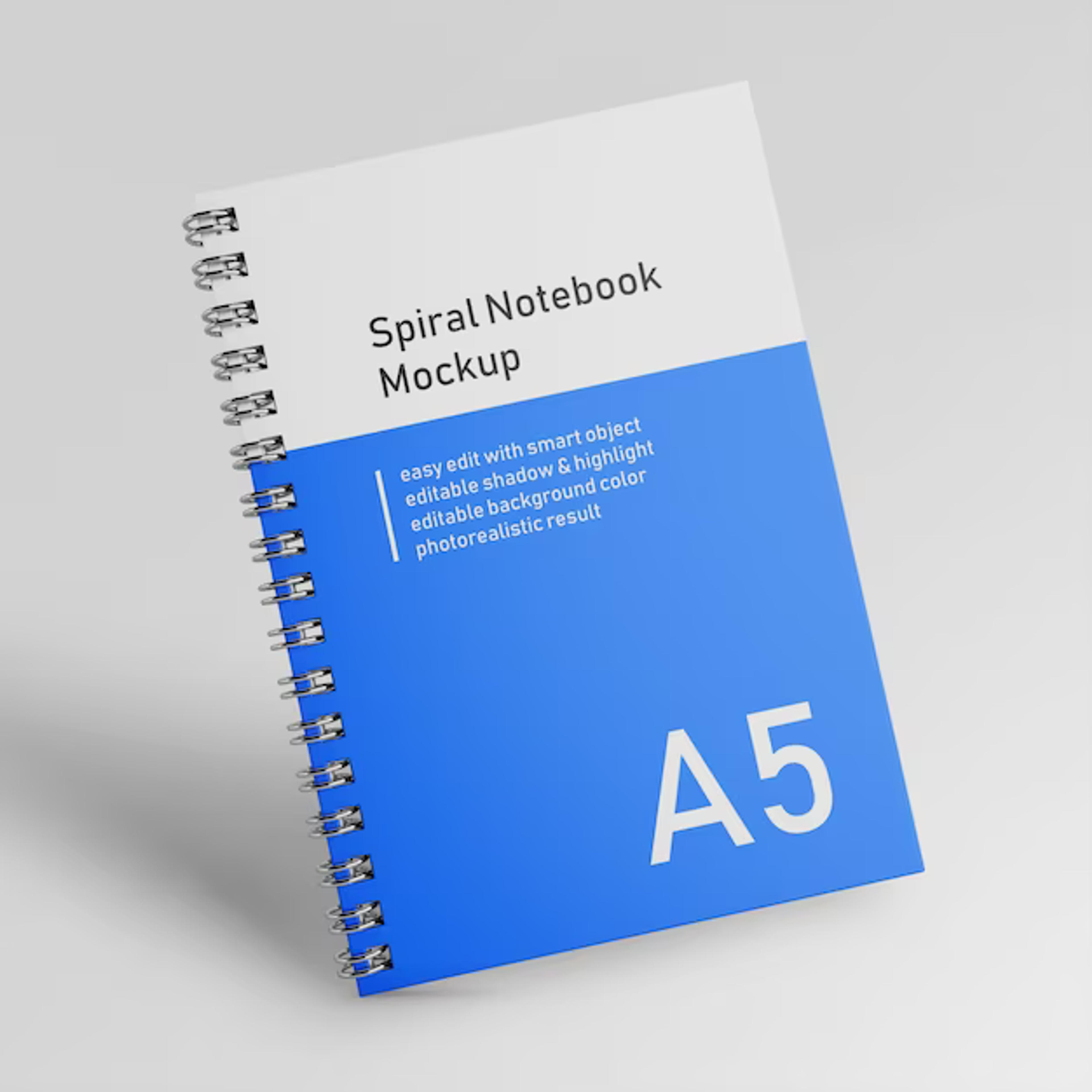 Premium PSD | Realistic one bussiness hardcover spiral binder notebook mock up design template in front view