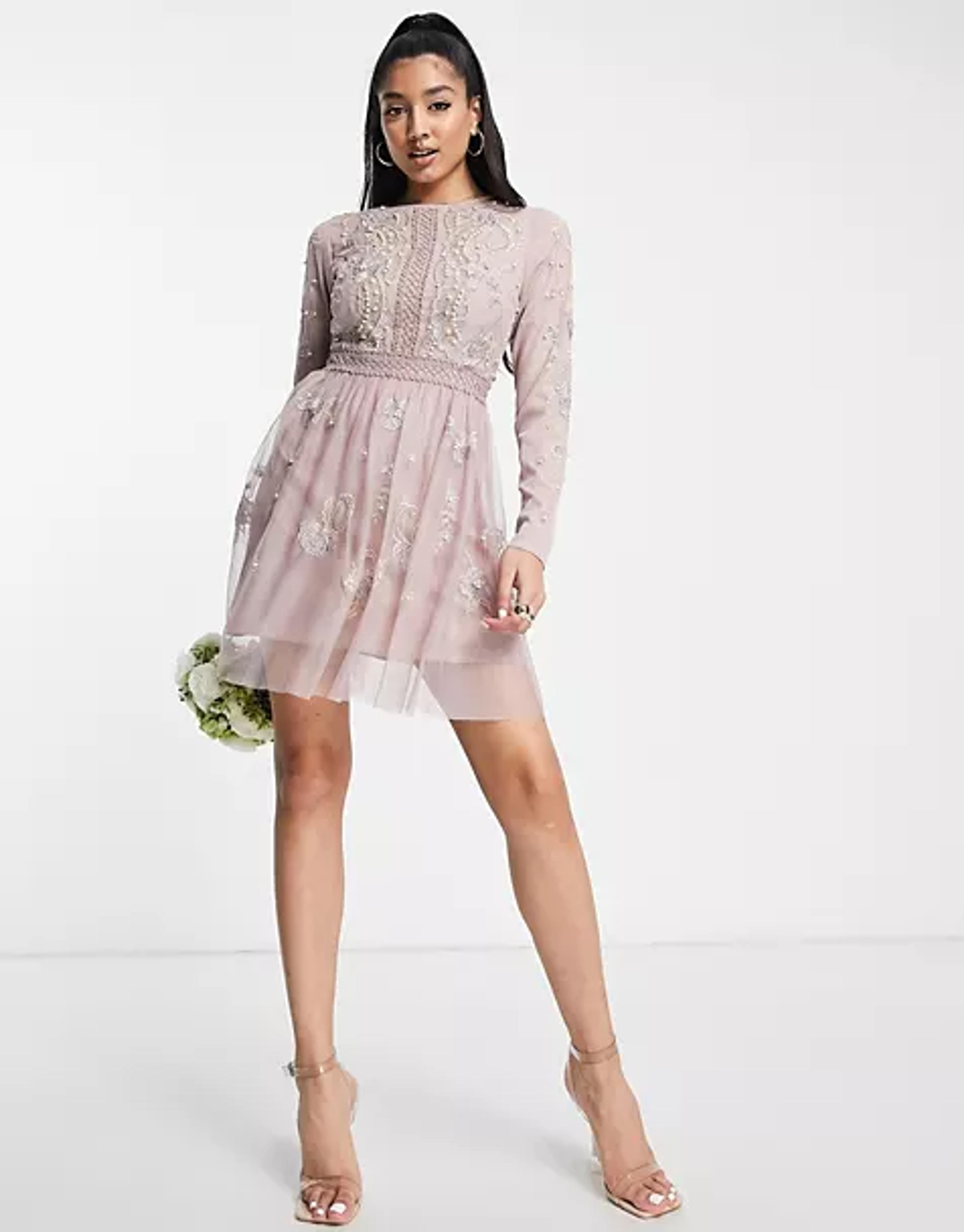 ASOS DESIGN Bridesmaid pearl embellished flutter sleeve mini dress with floral embroidery in rose | ASOS