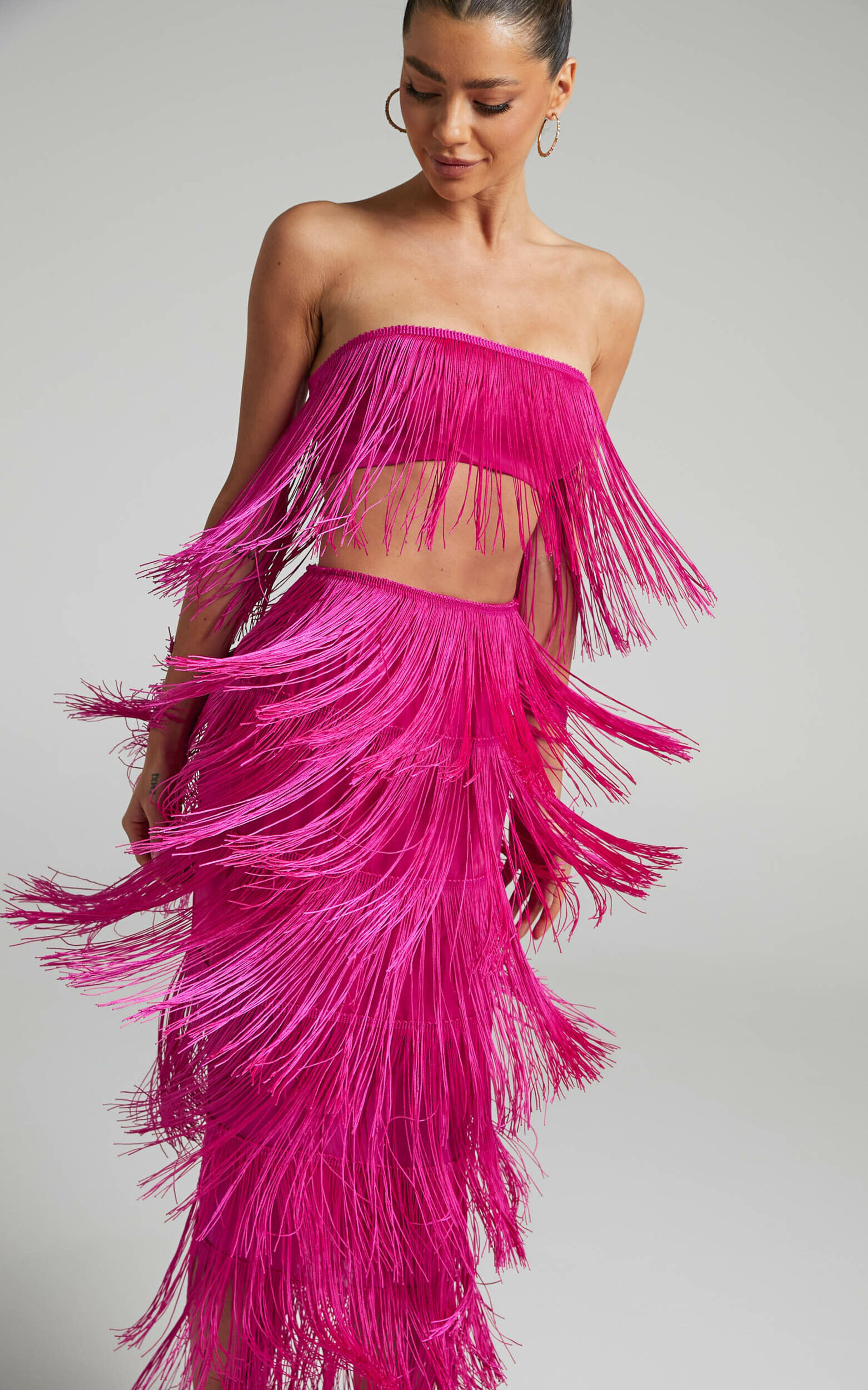 Amalee Fringe Strapless Crop Top and Midi Skirt Two Piece Set in Pink | Showpo USA