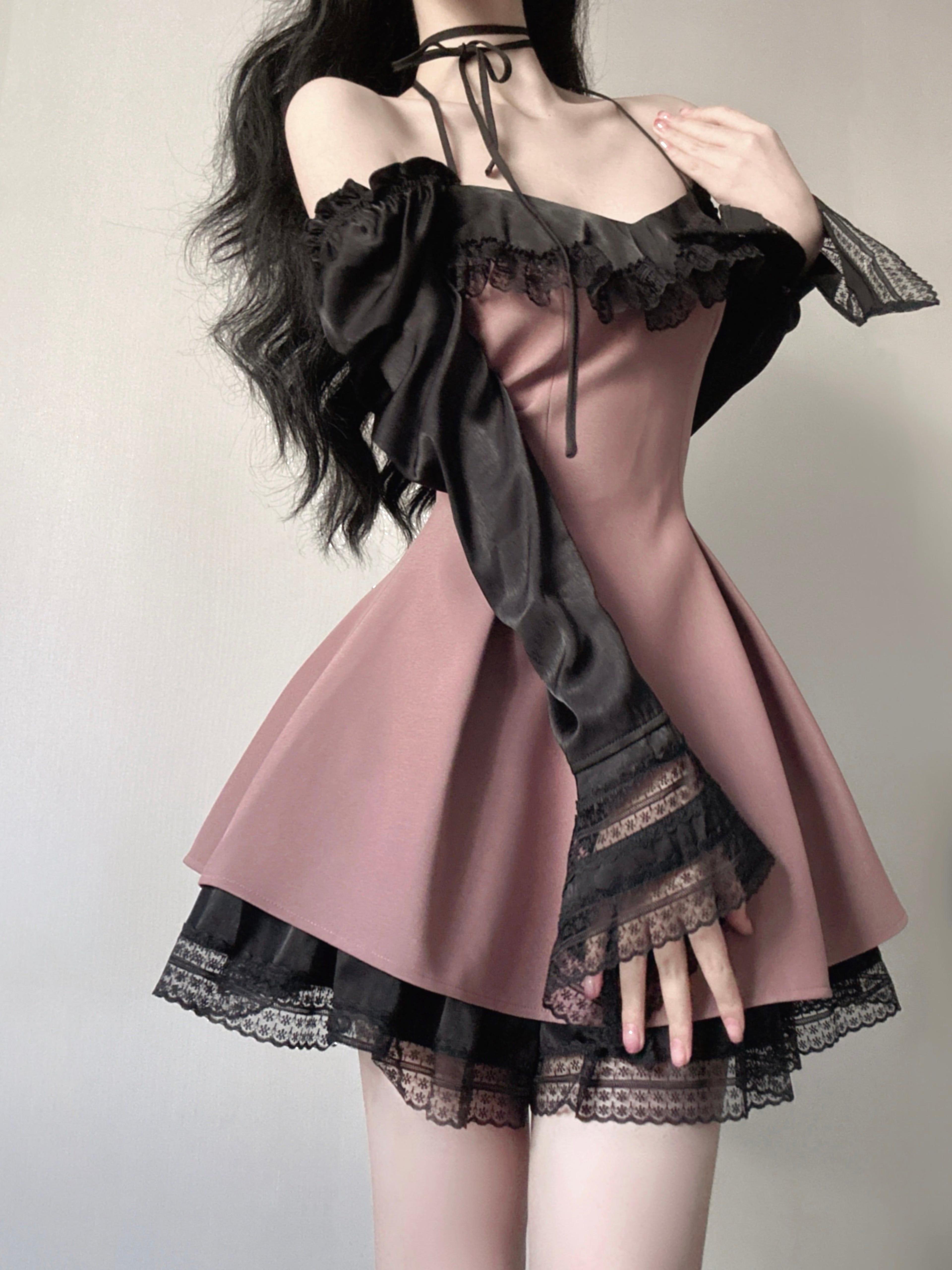 Choker Ribbon Black Lace Girly Layered Dress  - Black pink / XS