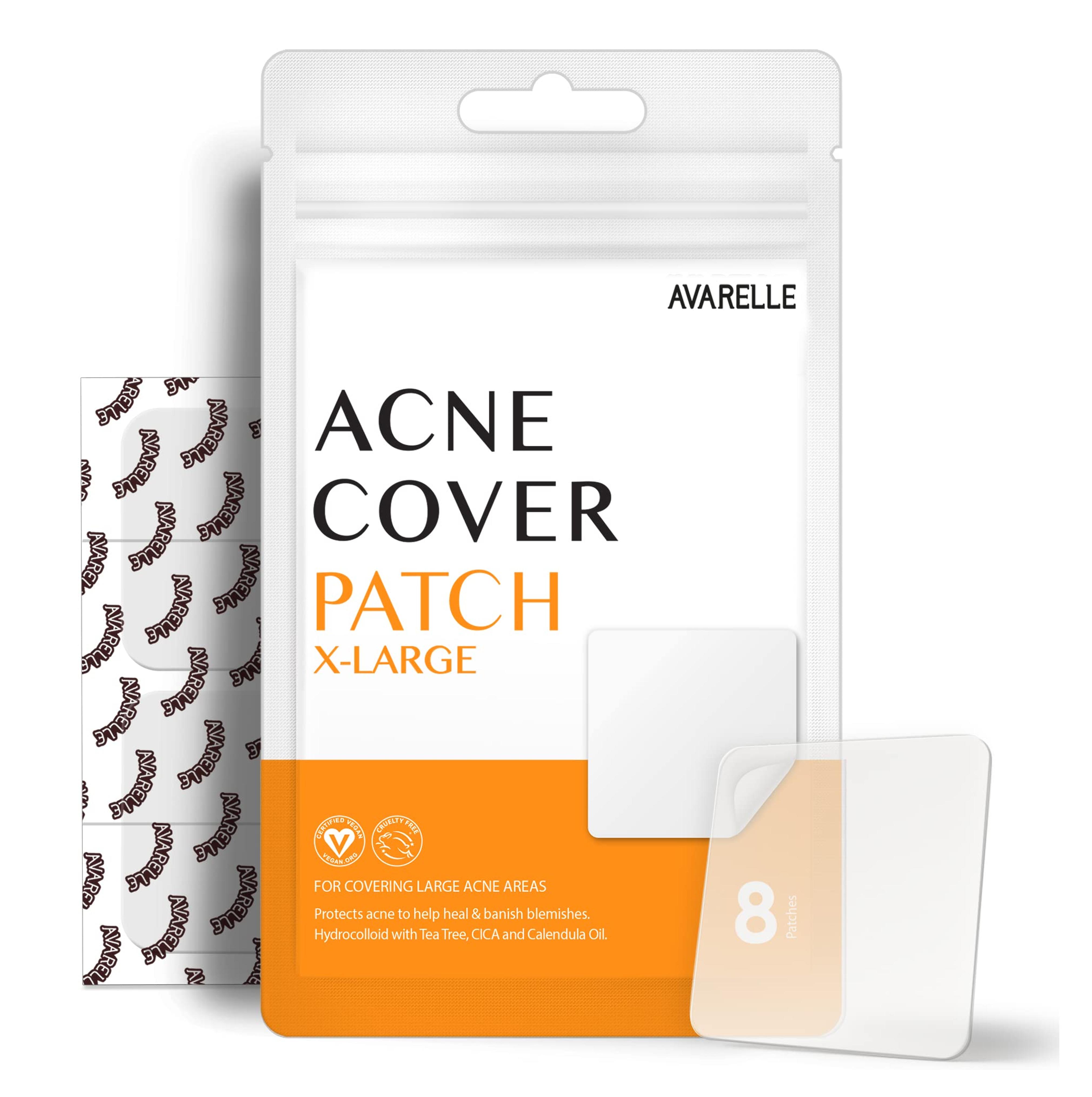 AVARELLE Acne Patches Xl for Face and Body (8 Count) Certified Vegan, Cruelty Free, Carbon Free Hydrocolloid Absorbs Pus From Pimples, Blemishes, and Zits with Tea Tree, Calendula, and Cica (8 Count)