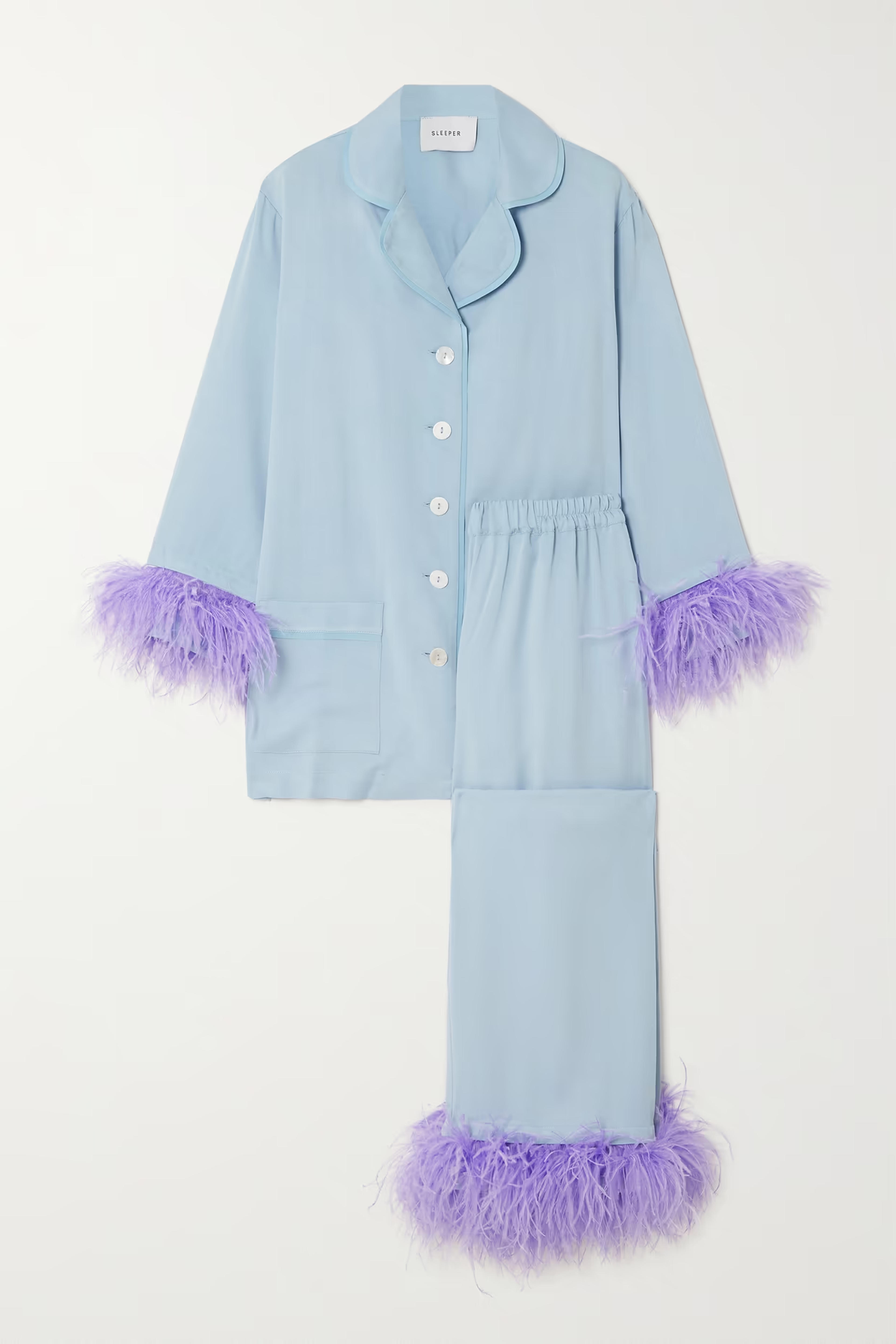 SLEEPER - + NET SUSTAIN feather-trimmed crepe de chine pajama set