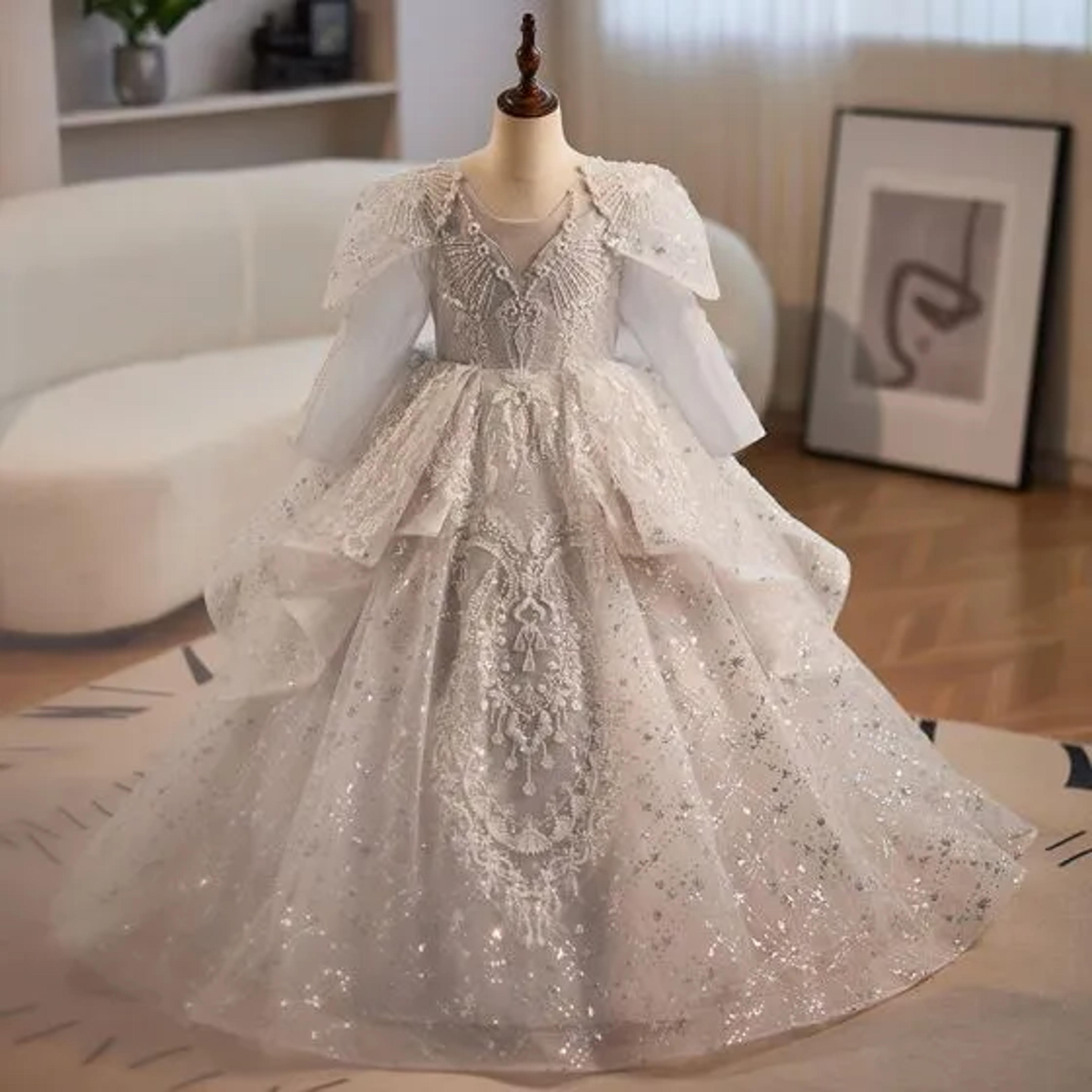 Bling Bling Grey Beading Lace Flower Sequins Birthday Flower Girl Dresses 2024 Ball Gown Scoop Neck Puffy Short Sleeve Backless Floor-Length / Long