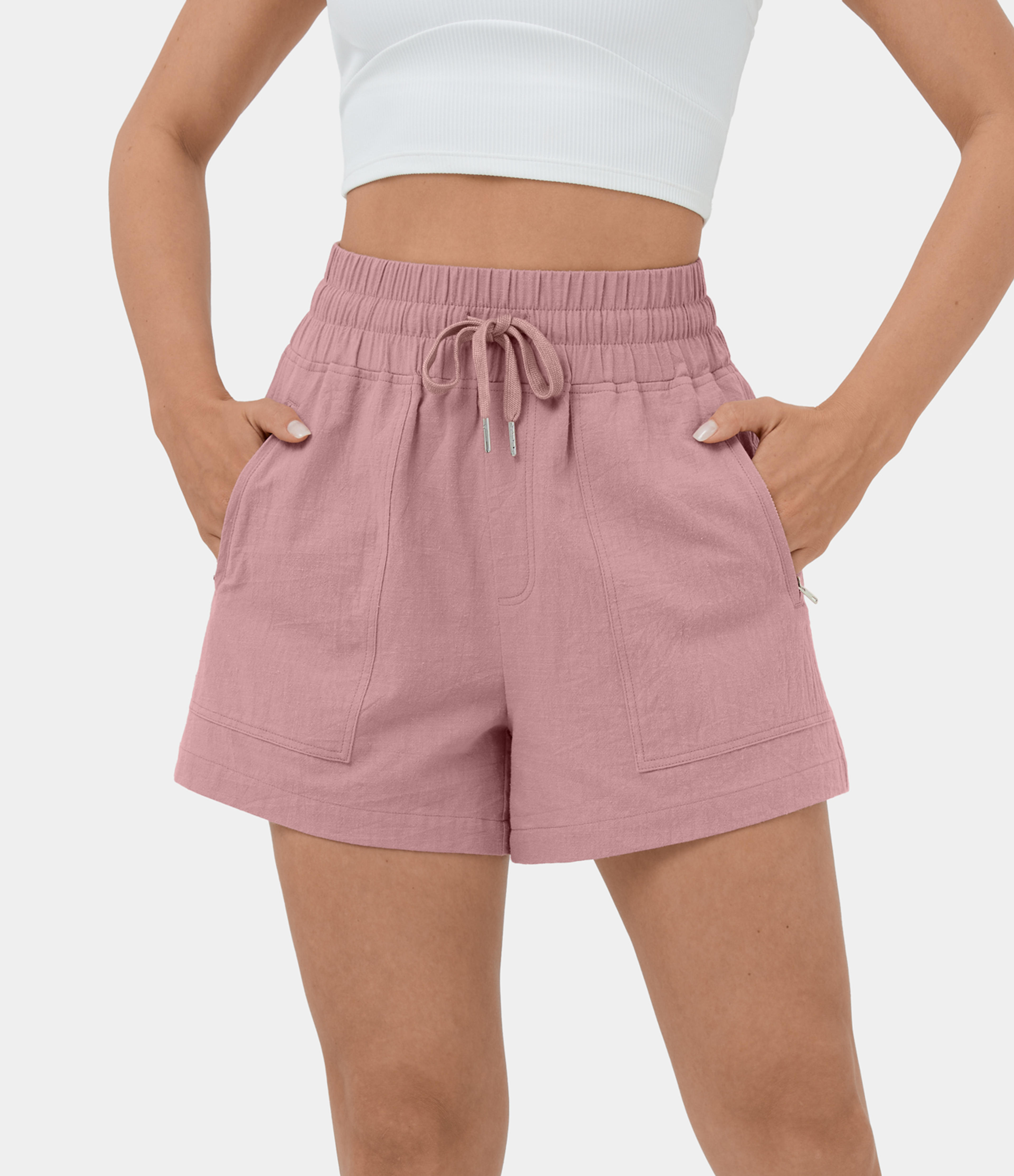 Women's High Waisted Drawstring Side Zip Pocket Casual Cotton Shorts 3.5" - HALARA