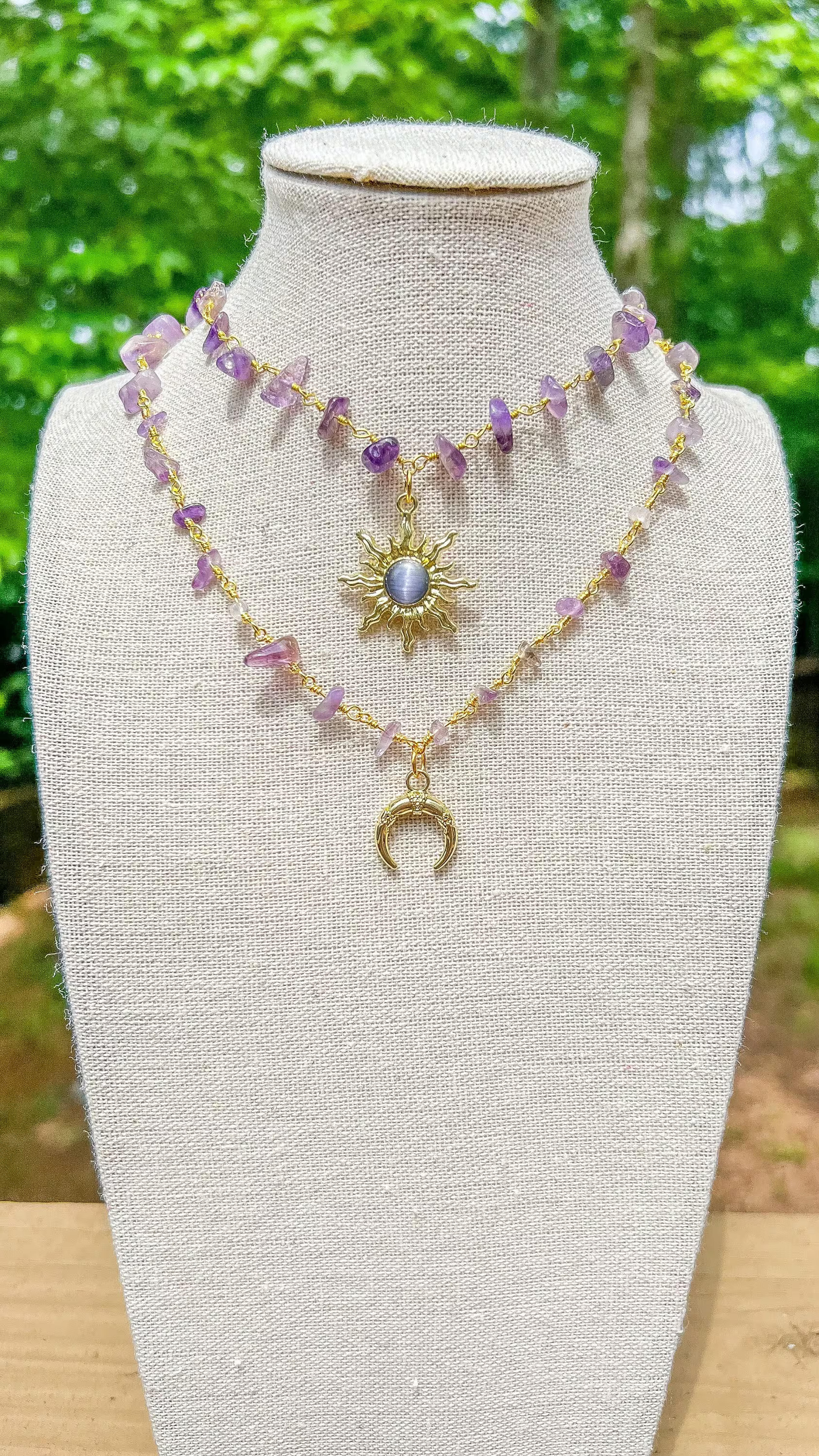 Amethyst Gold Wire Wrapped Crystal Necklace/sun or Moon Charm Crystal Hippie Necklace/hippy Jewelry/gemstone Necklace/choker/boho Style Gift