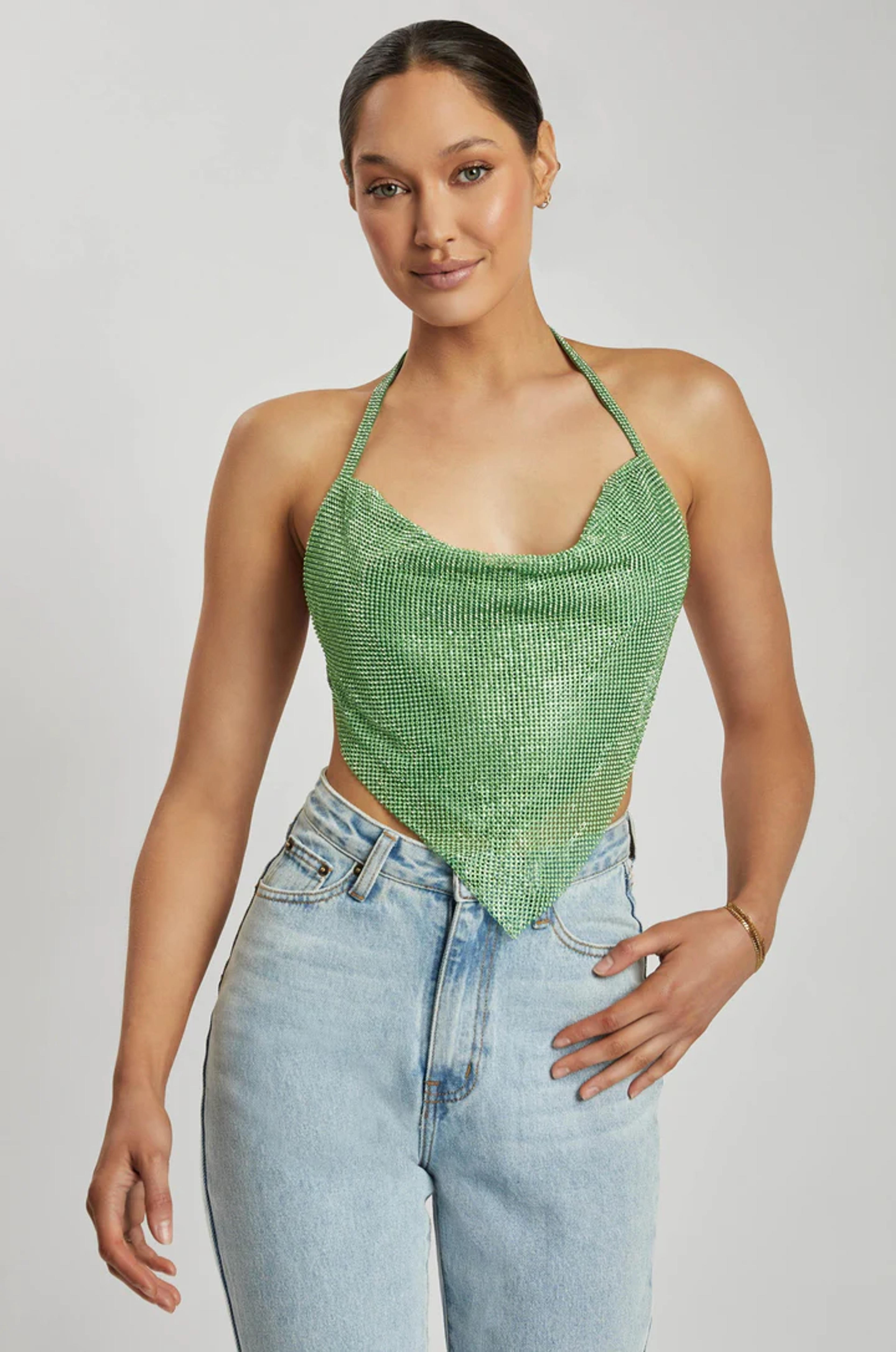 Daphne Diamante Cowl Neck Halter Top - Green - MESHKI U.S