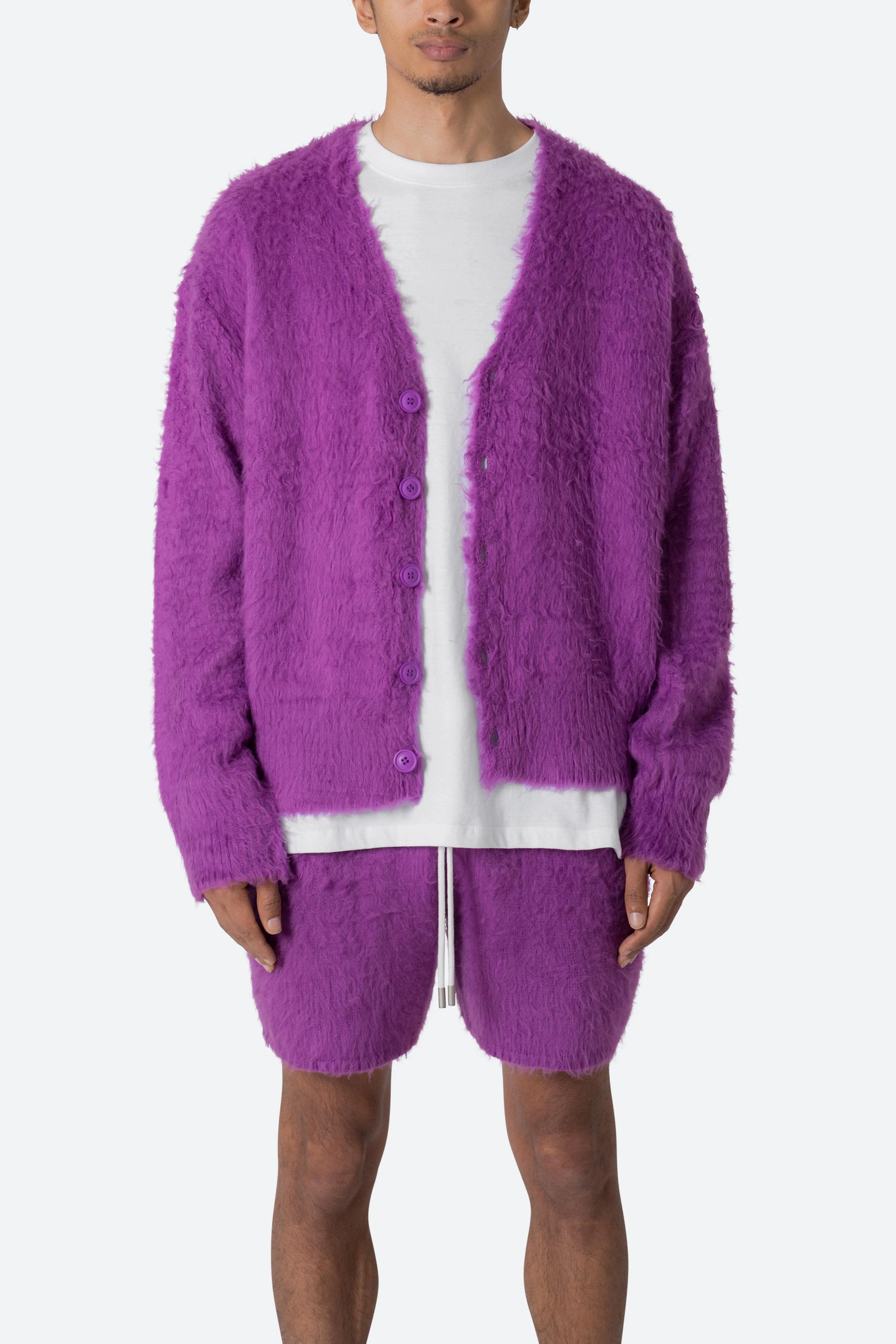 Fuzzy Cardigan Sweater - Purple | mnml | shop now