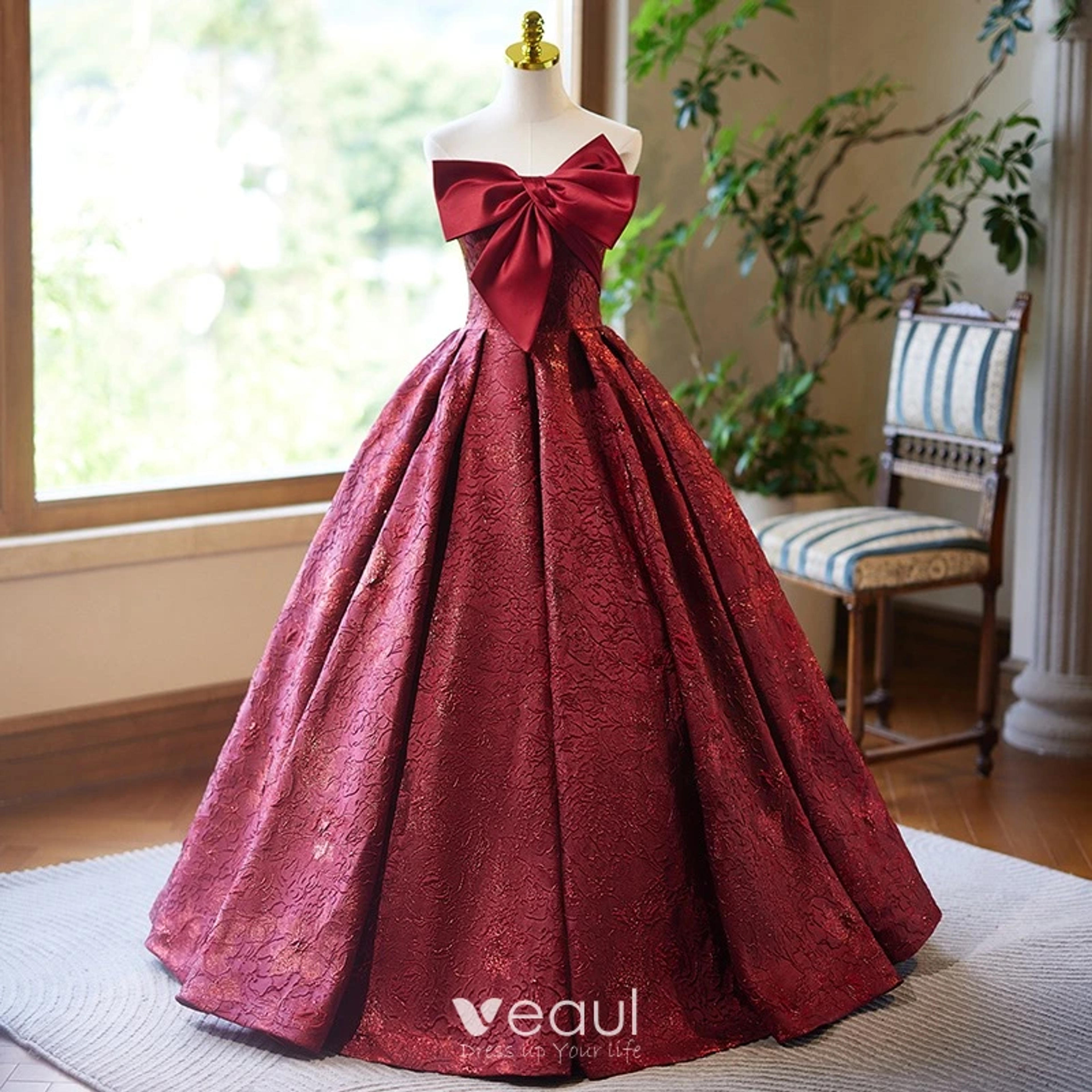 Elegant Burgundy Printing Prom Dresses 2024 Ball Gown Strapless Bow Sleeveless Backless Floor-Length / Long Prom Formal Dresses