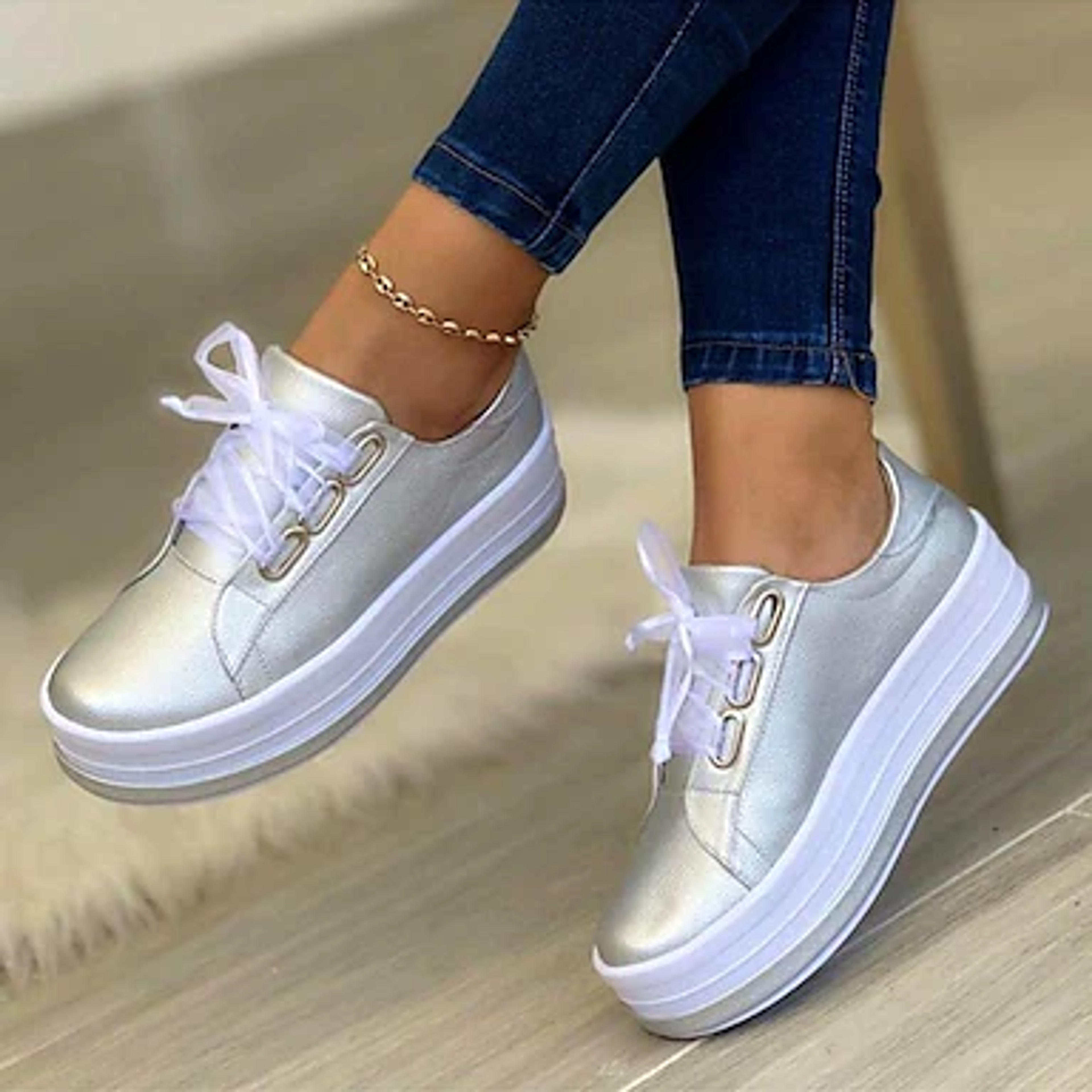 Women's Sneakers Plus Size Platform Sneakers Platform Flat Heel Round Toe Sporty Casual Daily Walking Shoes Lace-up Fall Spring Solid Colored Dark Red Black Silver 8855683 2022 – $24.99